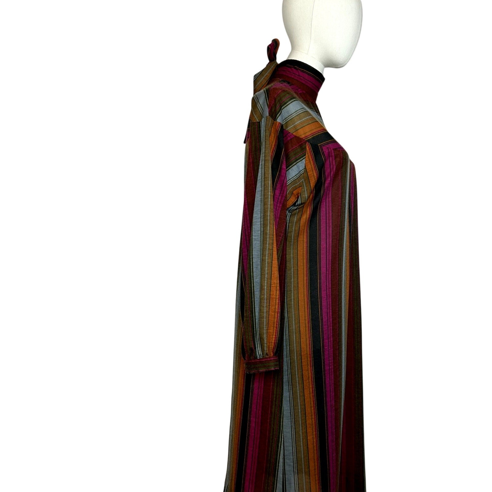VTG 70s Knit Turtleneck Midi Dress L Pussy Bow Multicolor Bespoke Retro Twee