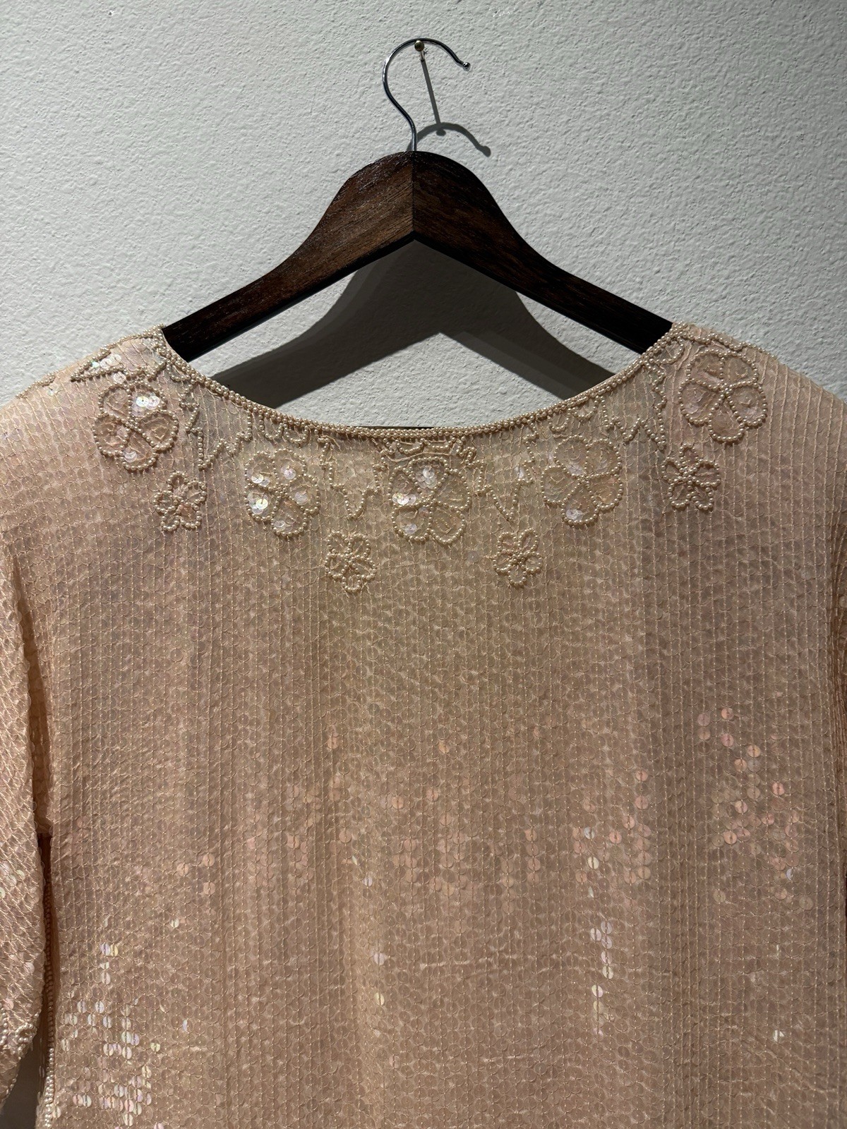 Vtg 80’s Capriccio Women’s Floral Sequin Silk Top Scalloped Art Deco
