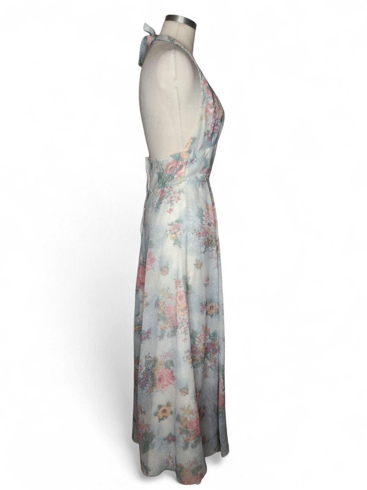 1970s Floral Print Vintage Halter Dress in Light Blue Size 5