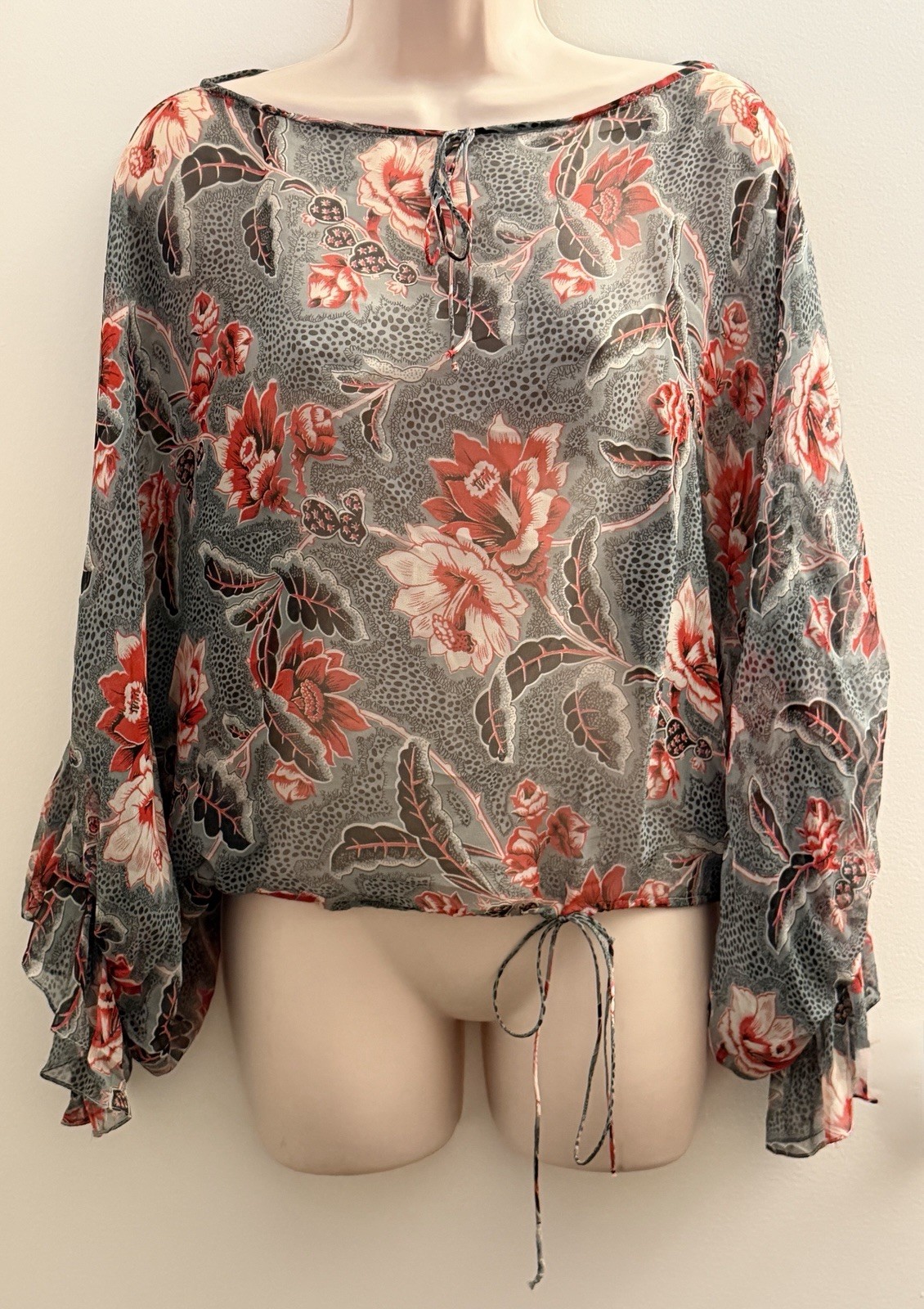 HELENE SIDEL VINTAGE WOMENS FLORAL CHIFFON BLOUSON TOP S/M SHIRT TUNIC BLOUSE