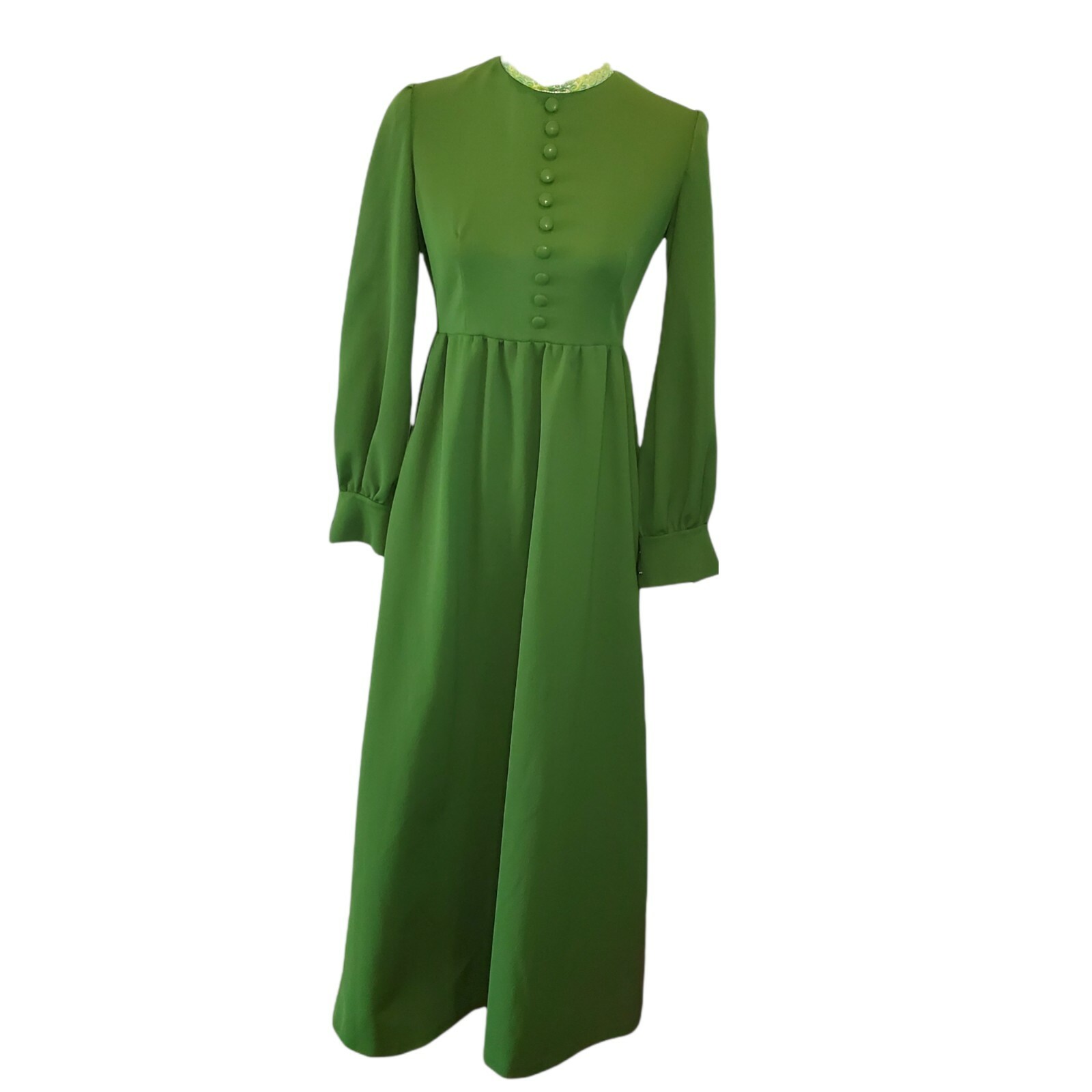 VTG Long Dress Longsleeve Floor Length Kelly Green Sz S Edwardian 60s 70s Basic