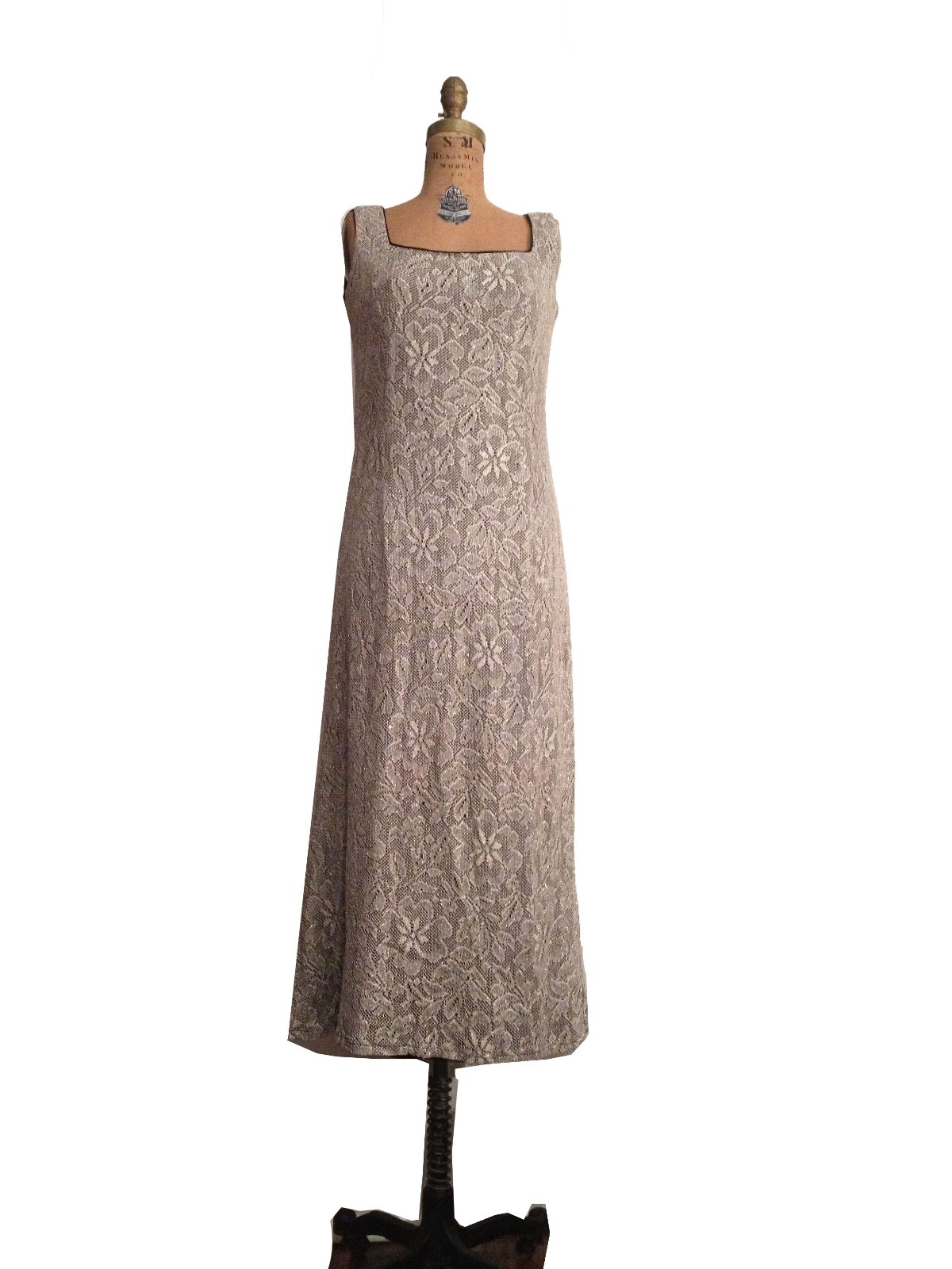 Vtg. 1950s Metallic Lace Evening Gown / Long Sheath / Cocktail Dress and Bolero