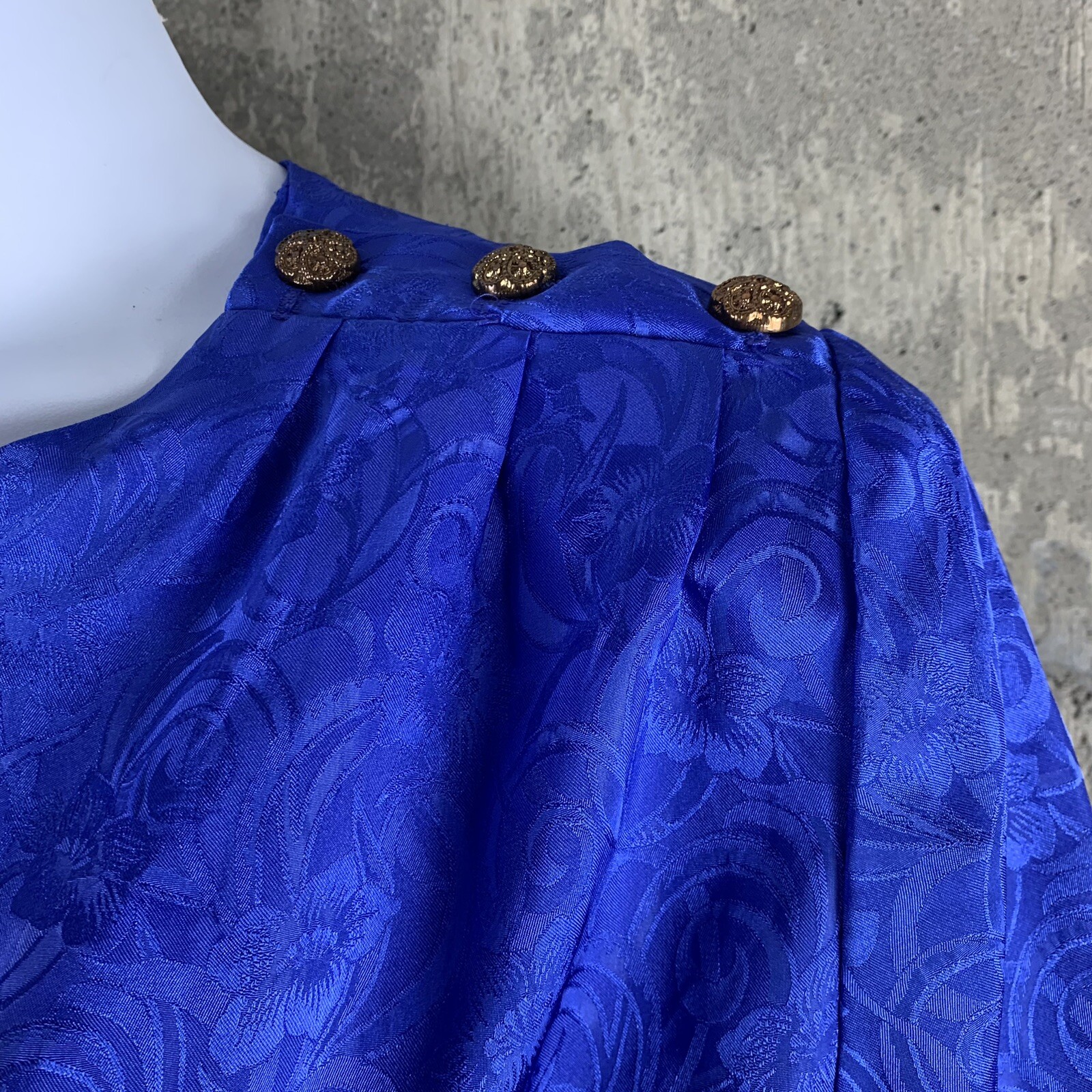 Vintage Shirt Royal Blue Shoulder Pads Floral Jacquard Fabric Charlotte VanHorne