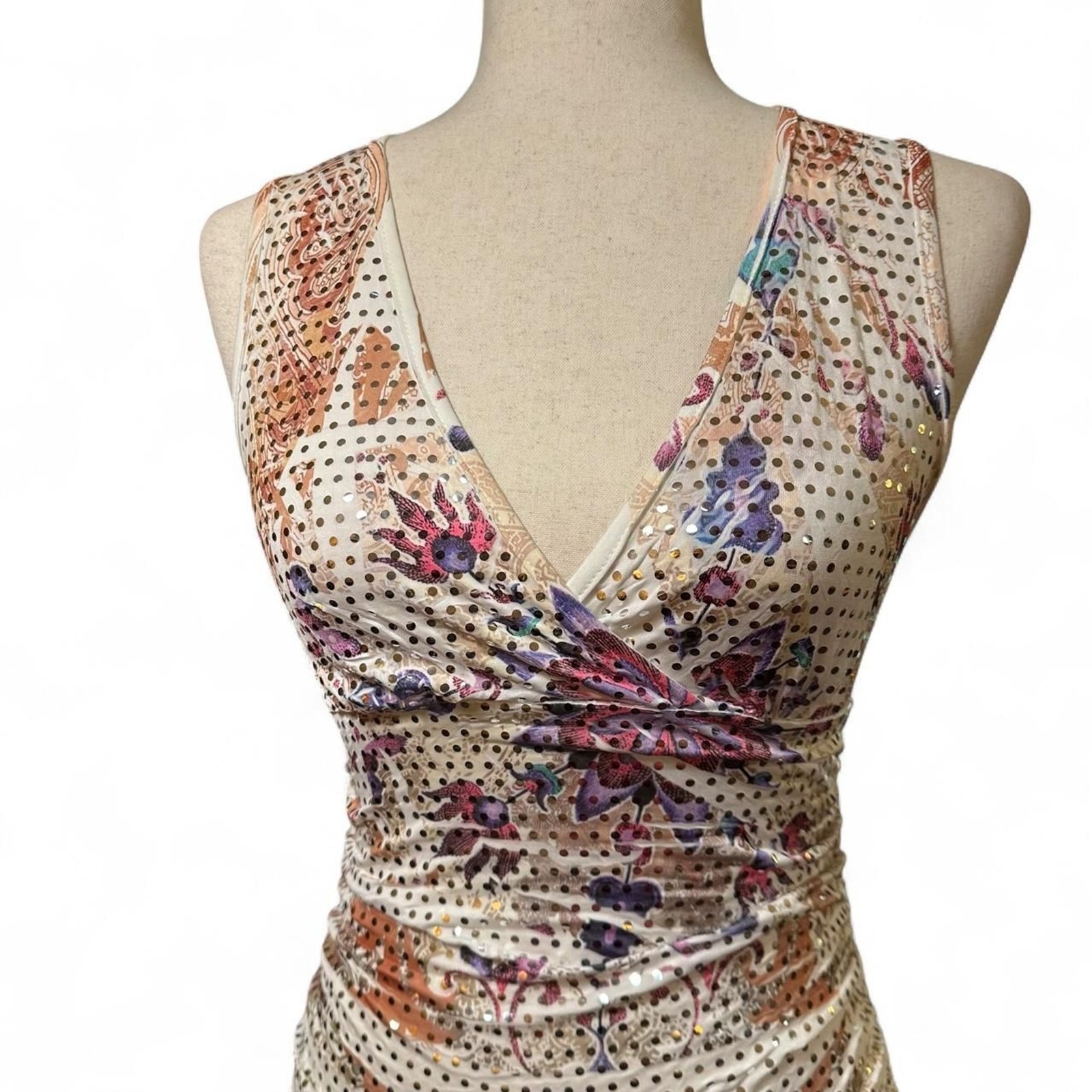 Body Central Y2K MultiPrint Ruched Metallic Sequin Mini Dress