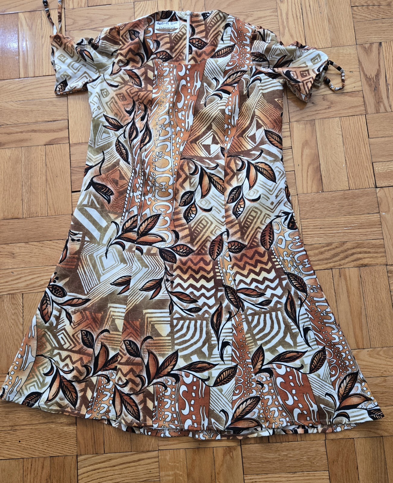 Vintage Emotions 90s Tribal Brown Short Sleeve With Bead Trim Past Knee Dress