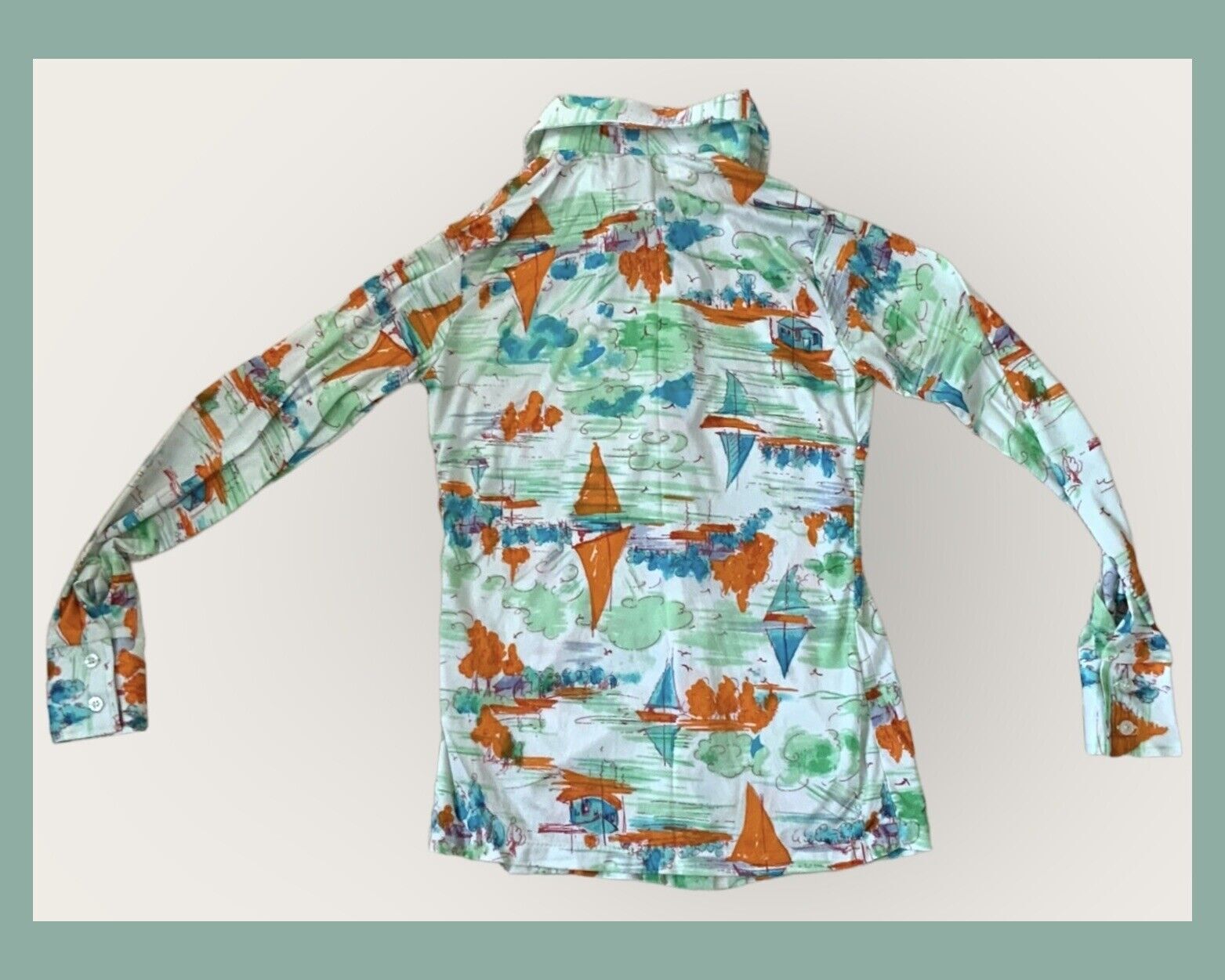 Vtg 1960-70s Nylon Long Sleeve Button Up Blouse W/Sailboats & Scenery – Small