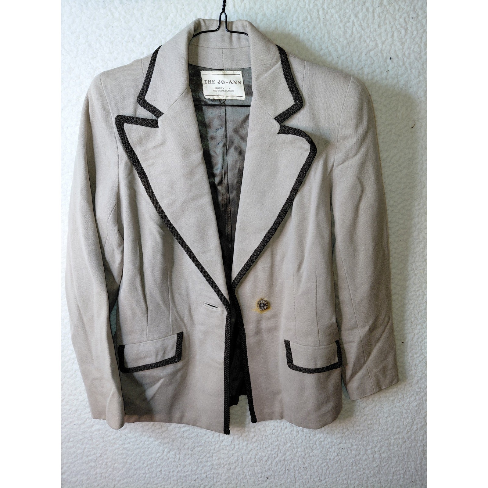 Vintage Jo-Ann Roseville Skirt Suit Set Tan Braided Trim Blazer Midi Skirt Taupe