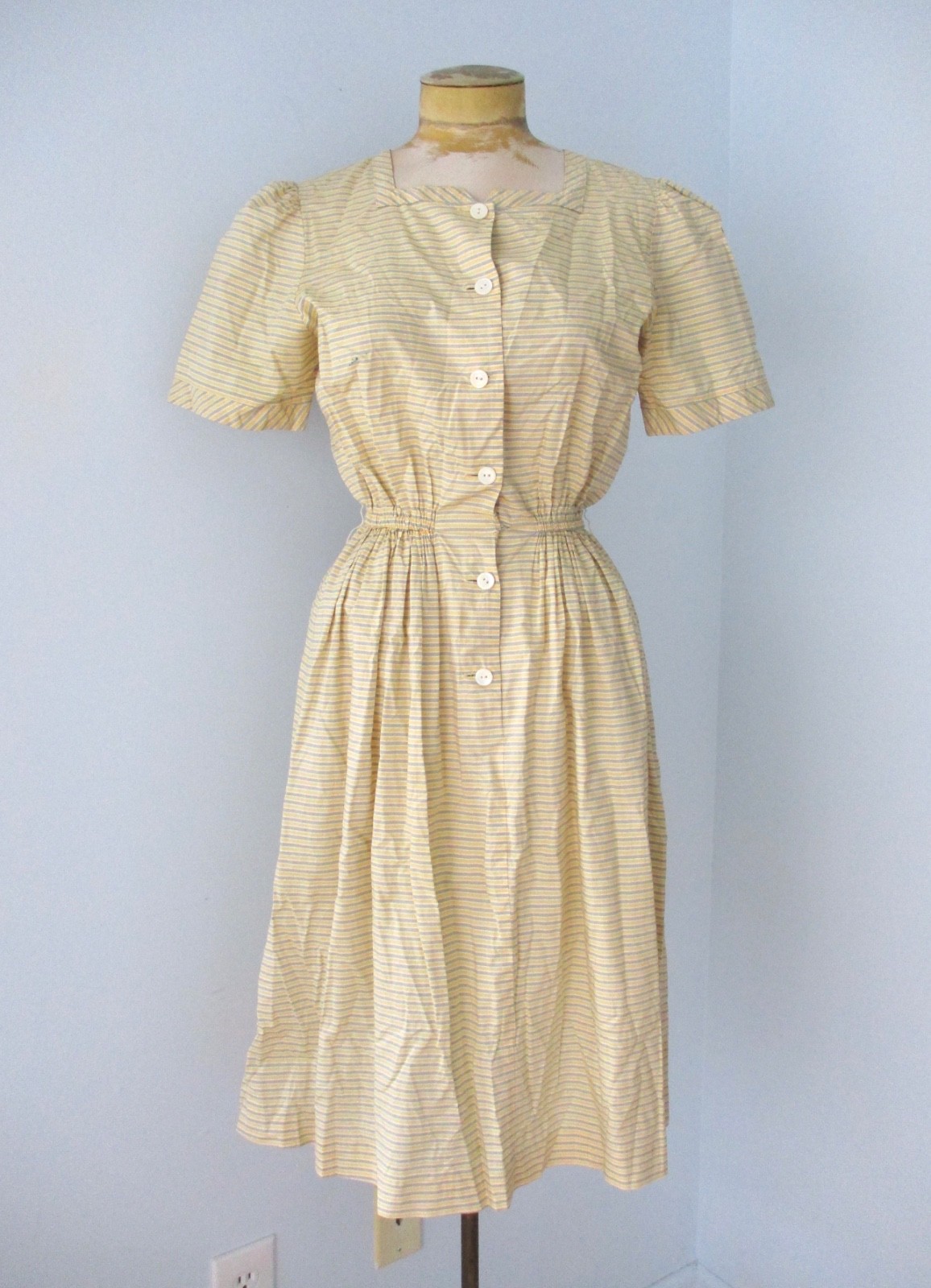 Vtg 50s yellow gray stripe lightweight cotton poplin rockabilly day dress XS/S