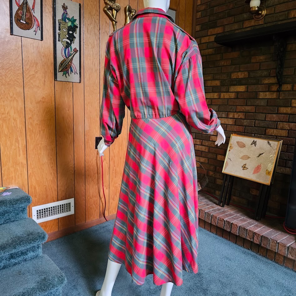 Vtg 80s Tartan Plaid Rockabilly Cowpunk Shirtwaist Full Skirt Swing Dress L/XL