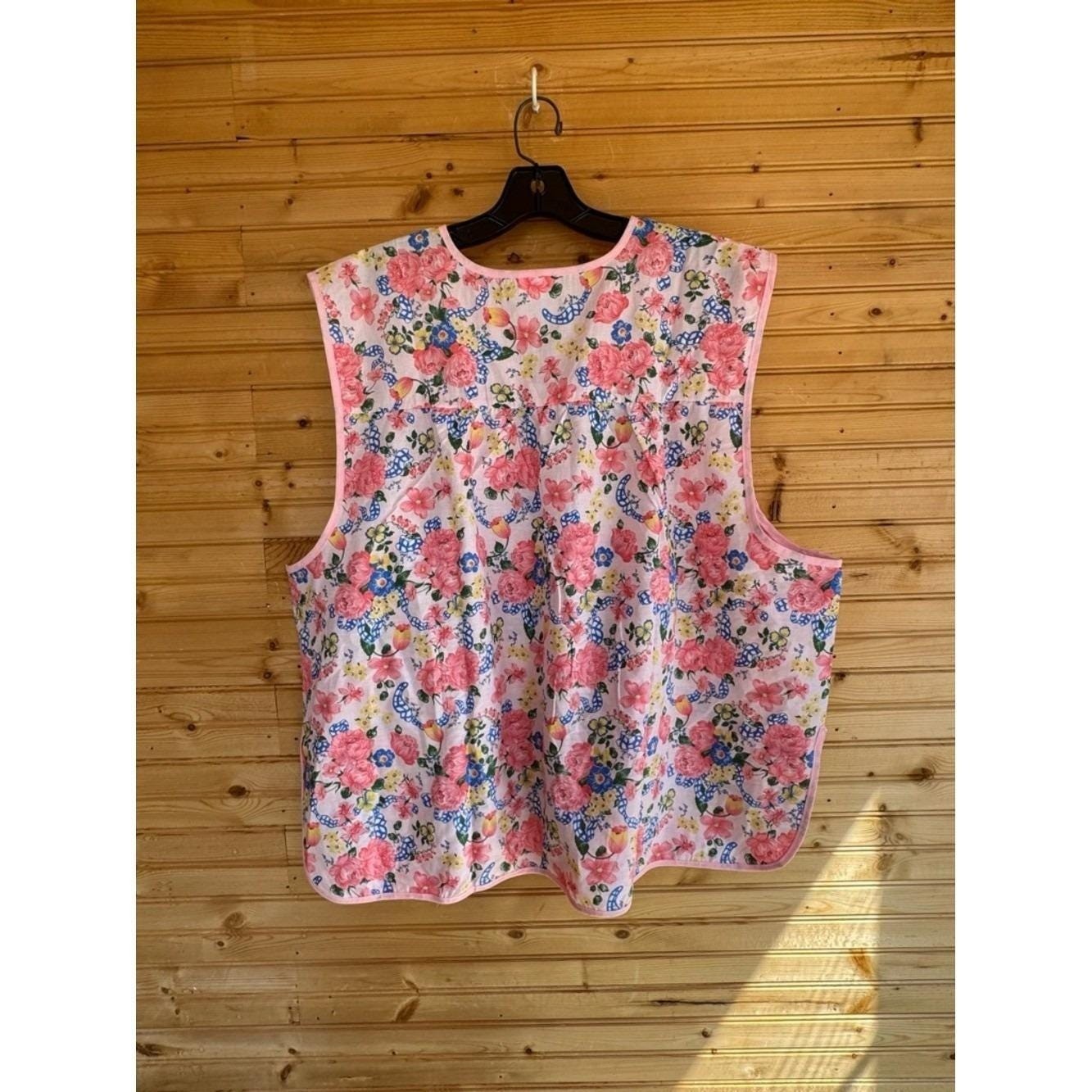 VTG Art Smock 4X Another Fine Artistic Creation Floral Pink Trim Pearl Buttons