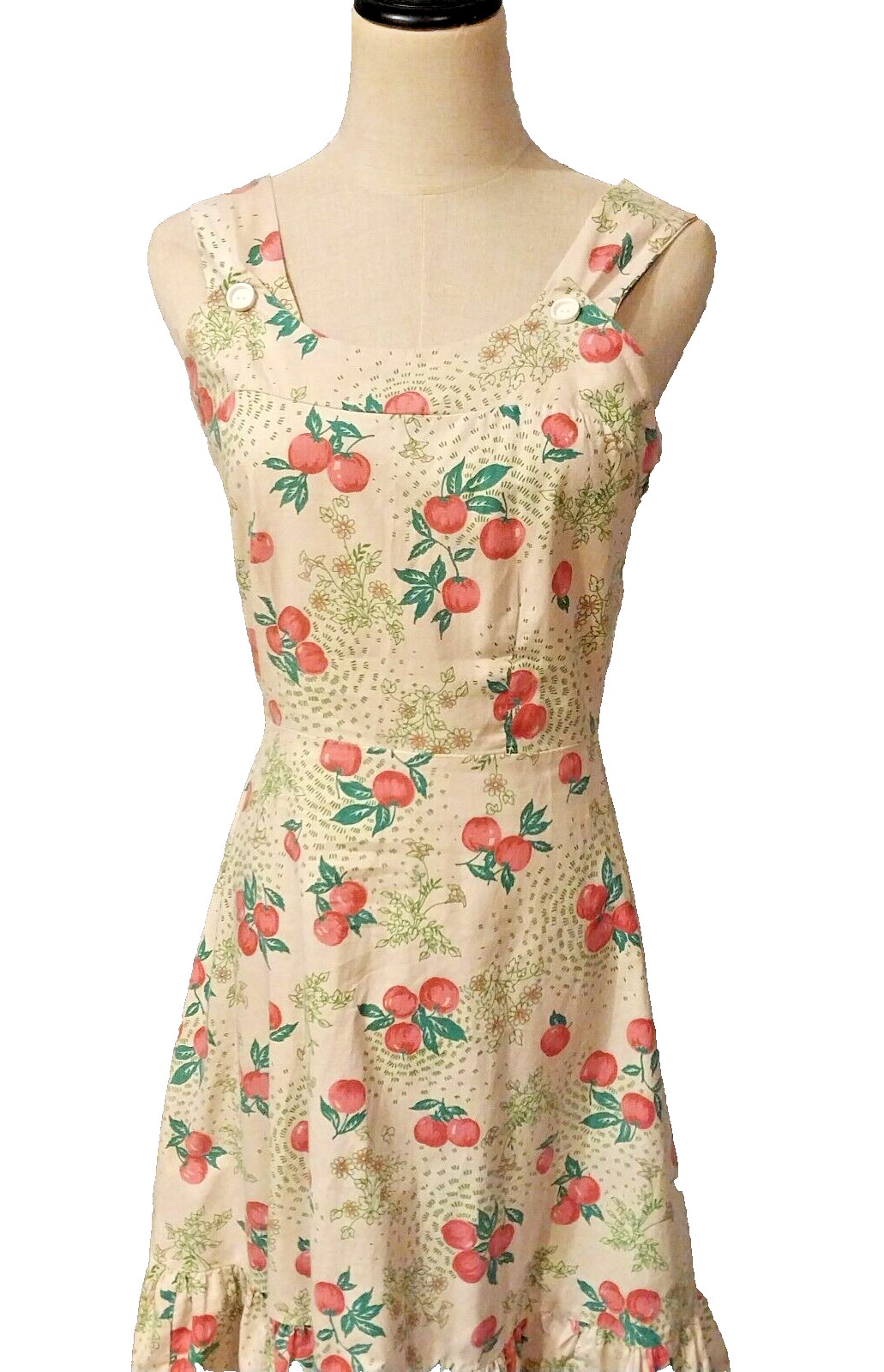 Vintage 1970’s Size 12 Cream Pink Green Apples Cotton Prairie Sundress Dress