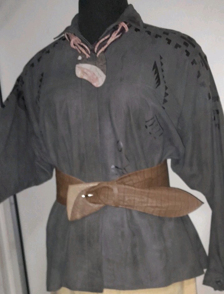 Vtg 80s 90s Grey SUEDE Native American Southwest Indian Deer Print Blouse Shirt