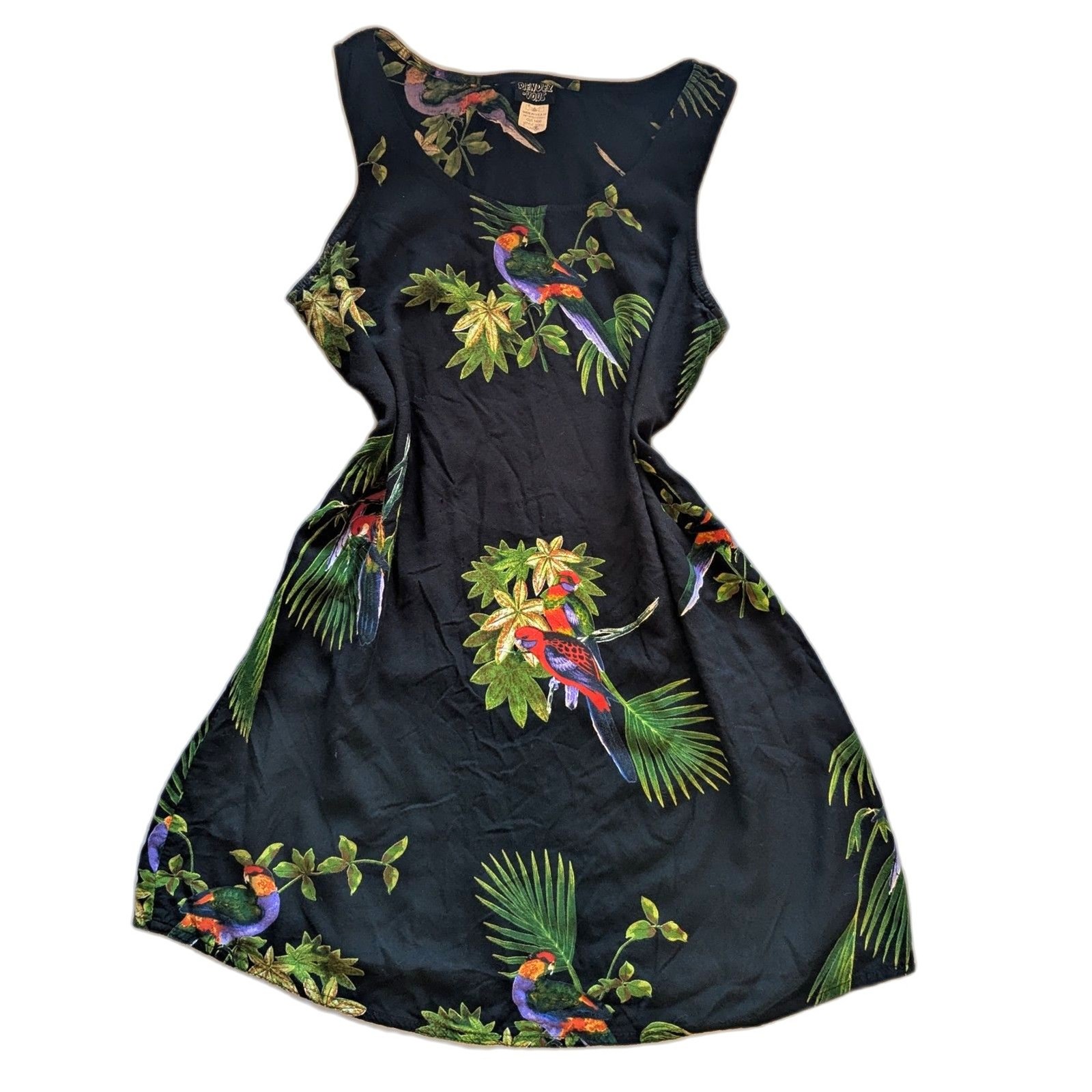 Vtg Y2K Hawaiian Shift Dress L Tropical Parrot Print Rendez Vous 80s/90s Rayon
