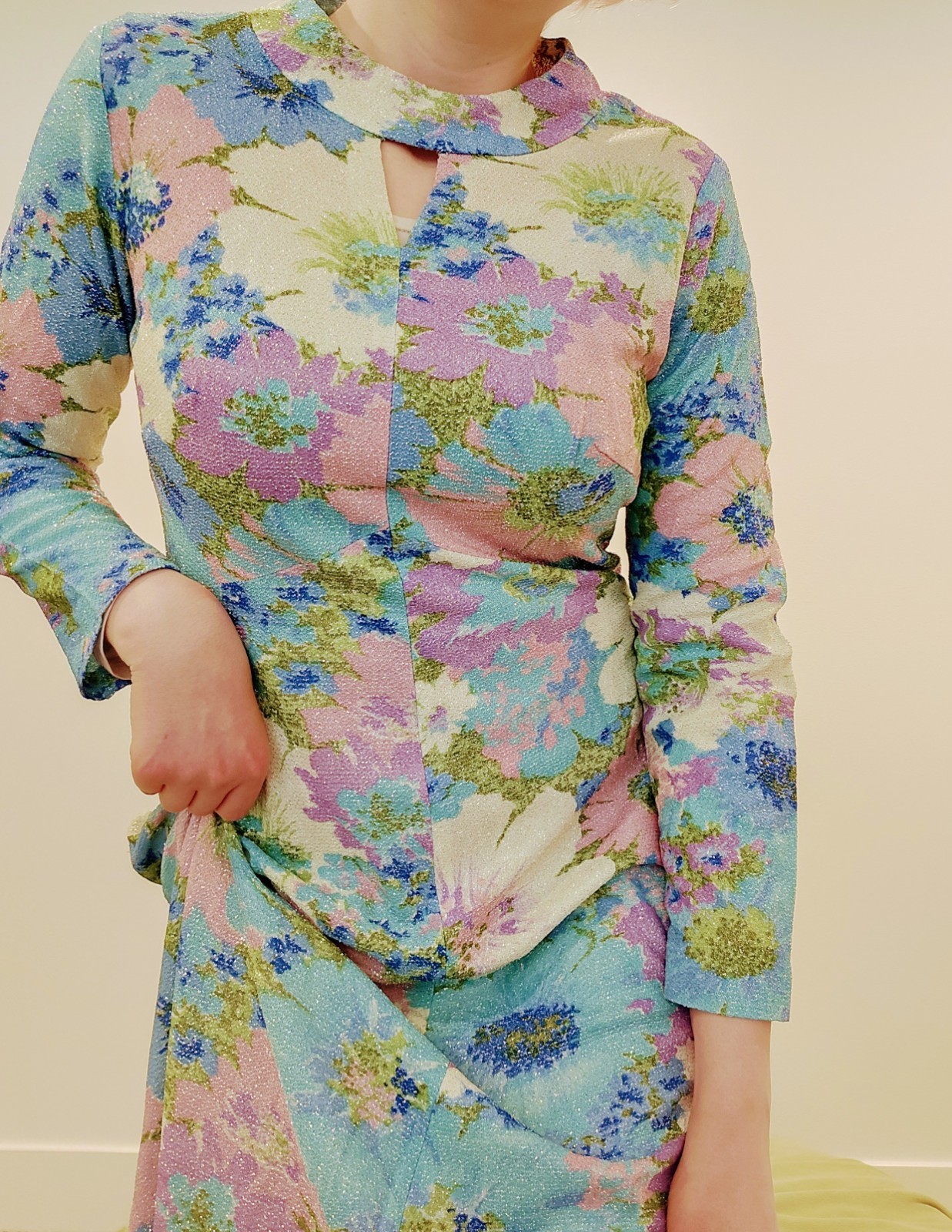 60s VTG Sparkle Psychedelic Purple Green White Floral Dress Md Maxi Mermaid