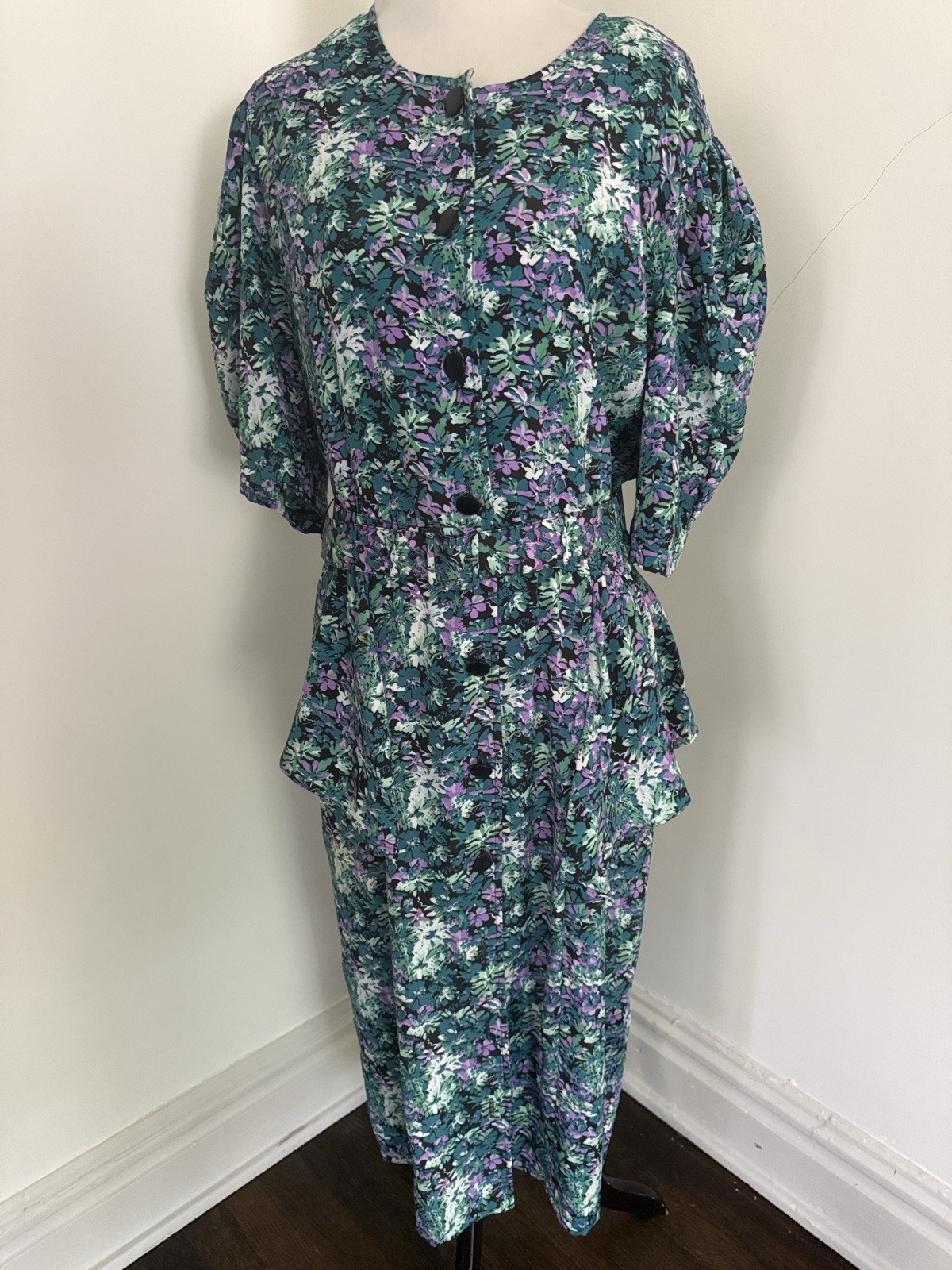 Vintage 80s J.B. Too Peplum style Floral Teal & Purple Women’s Dress 18 Flawless