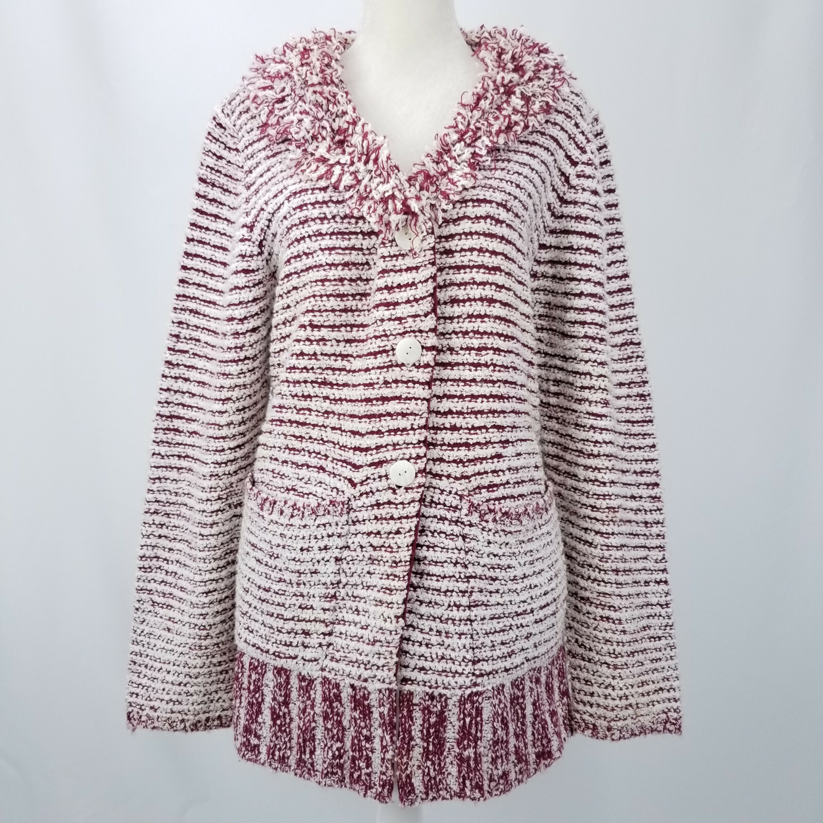 Vintage 80s Side Effects Womens Large Acrylic Fringe Boucle Sweater Cardigan Top