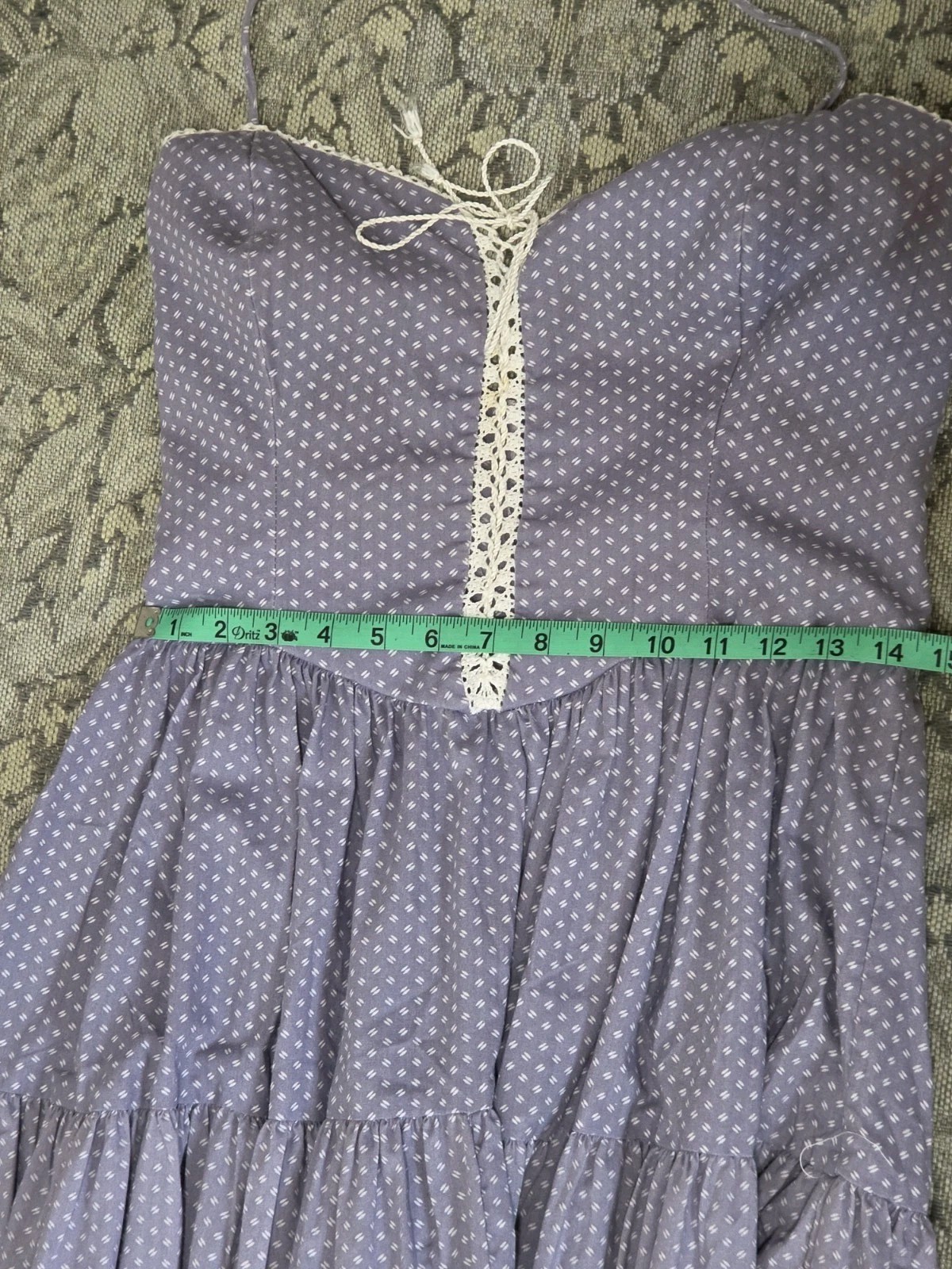 1970s Vintage Prairie Halter Dress Lace Up Chest Midi Blue Lilac Crotchet Trim M