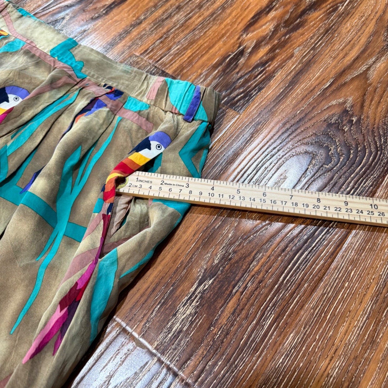 Vintage 100% Silk Ann May Women Size 14 Parrot Print Midi Skirt Tan Teal