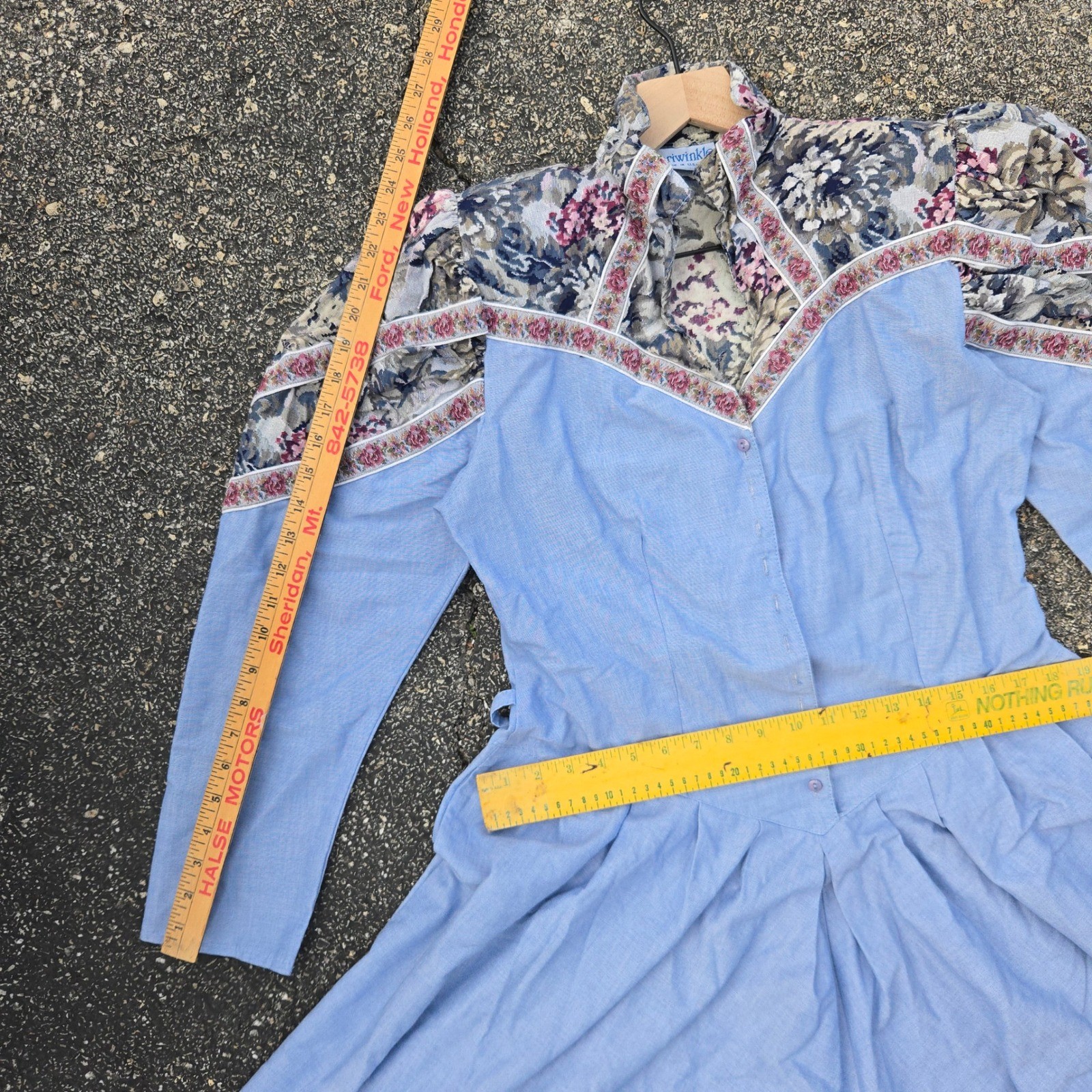 VTG Periwinkle Maxi Prairie Dress Western Floral Tapestry Blue Womens Medium USA