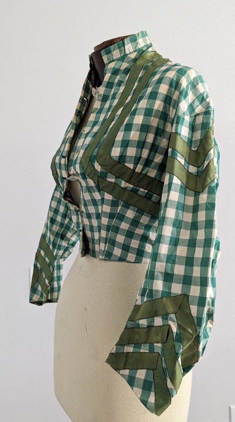 CIVIL WAR 1860’S GREEN CHECK SILK TAFFETA BODICE W/ SILK STRIPE DETAIL