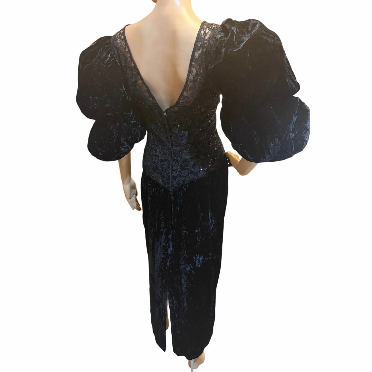 VTG 80s XS Victorian Velvet Lace Puff Sleeve Maxi Gown Whimsigoth Gothic Dress