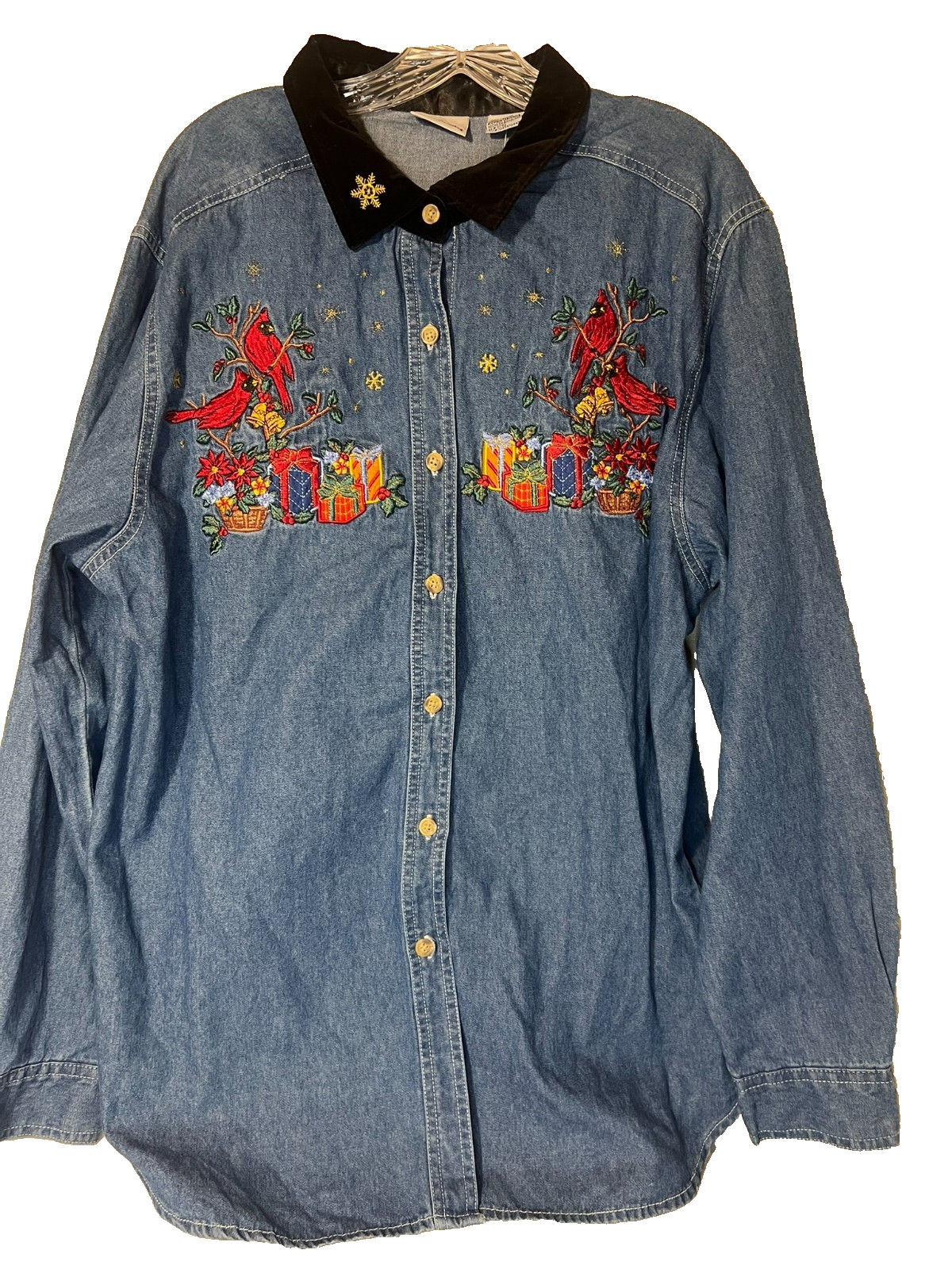 Vintage Bobbie Brooks CHRISTMAS CHAMBRAY SHIRT~Denim*Velvet*Cardinal Birds~XL