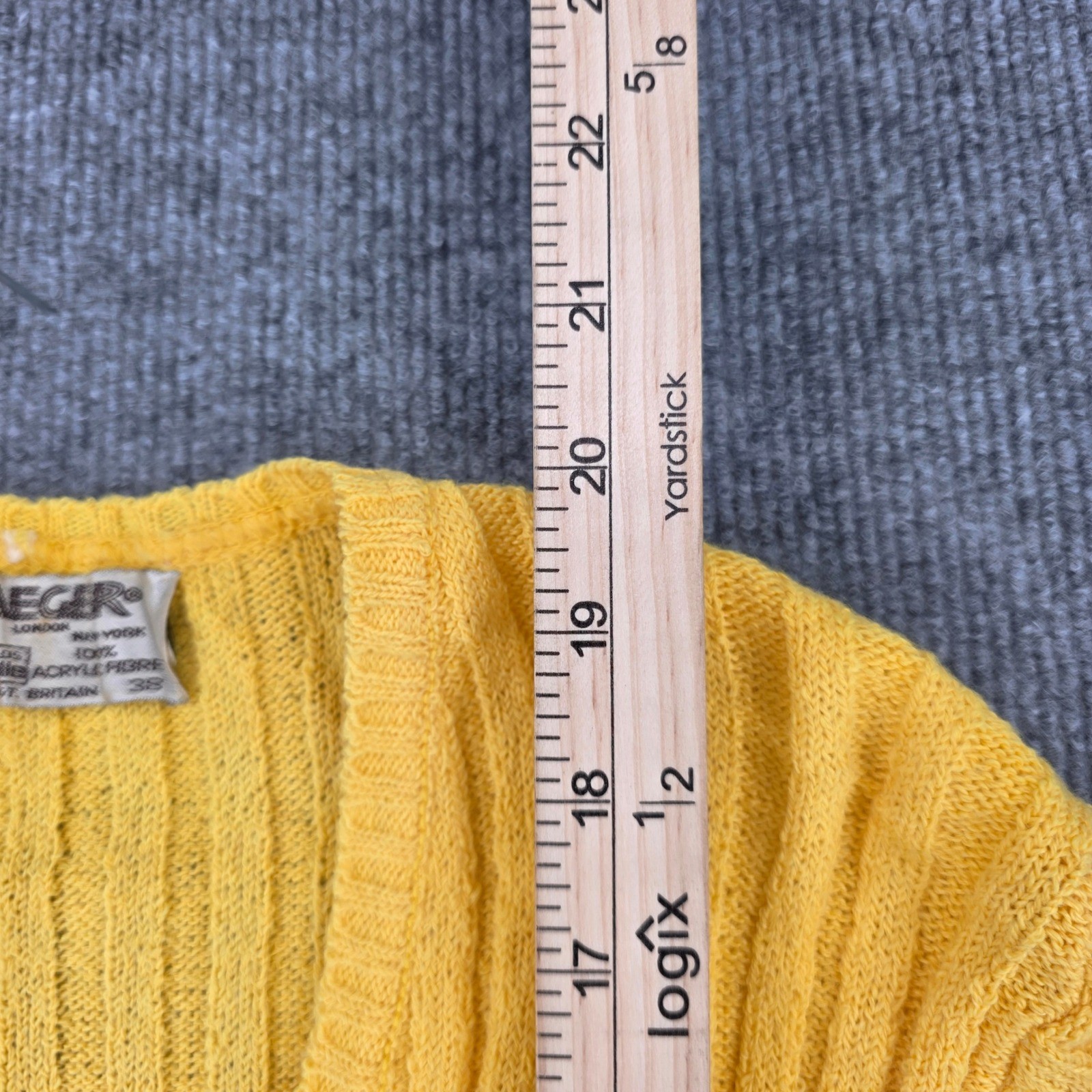 Vintage Jaeger London Yellow Ribbed V-Neck Knit Sweater Made in Great Britain 38