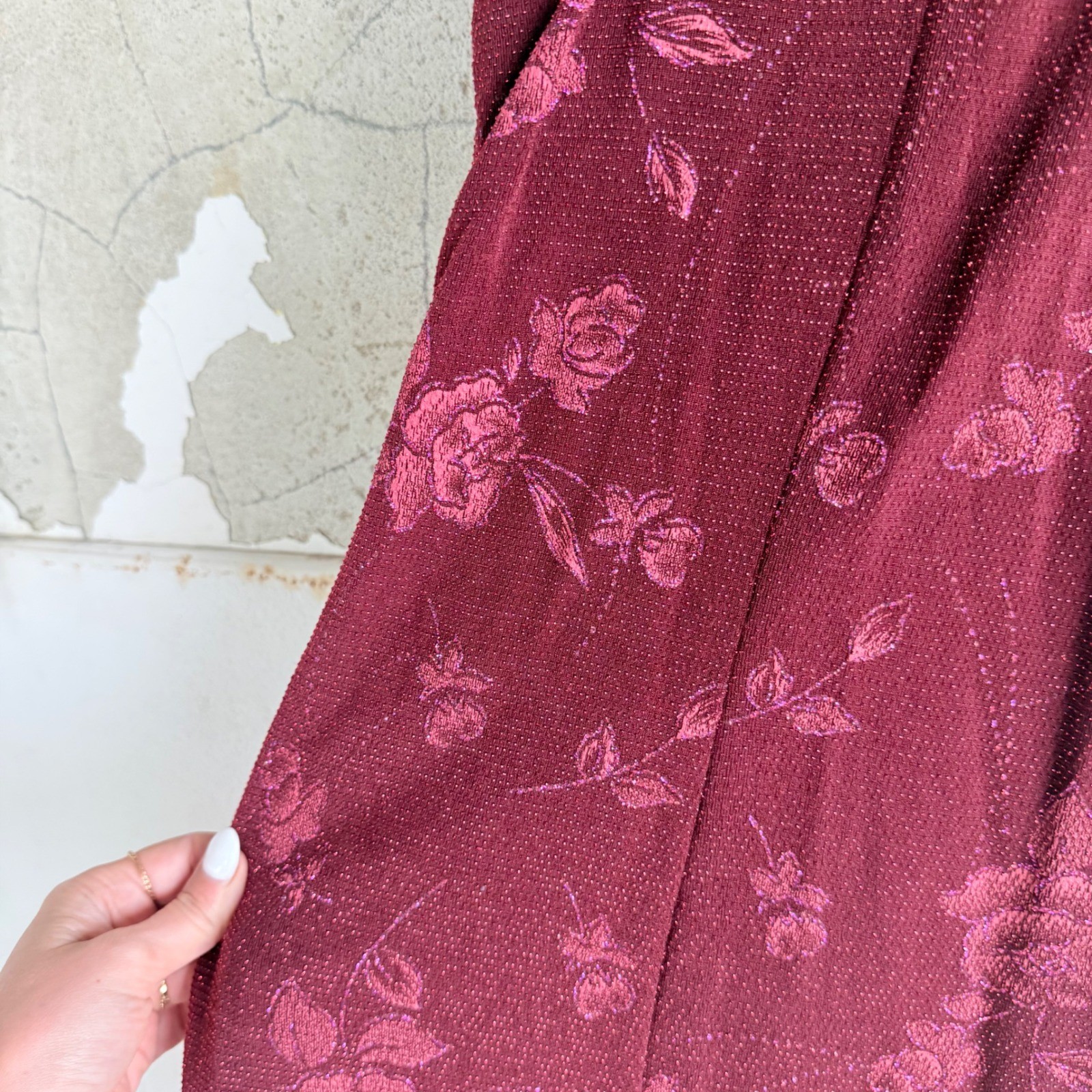 Vtg 90s Midi Dress Floral Asymmetrical Burgundy Glitter My Michelle S USA Made