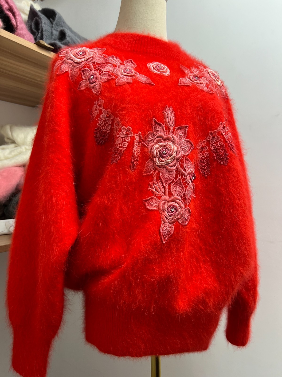 80% Angora Sweater Red Floral Embroidered Front Soft Fuzzy Knit Pullover