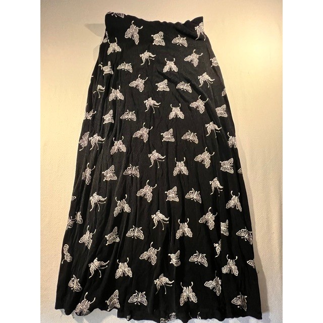 Vintage 90s ES-SE Butterfly Print Slinky Maxi Skirt Black & White Size 6