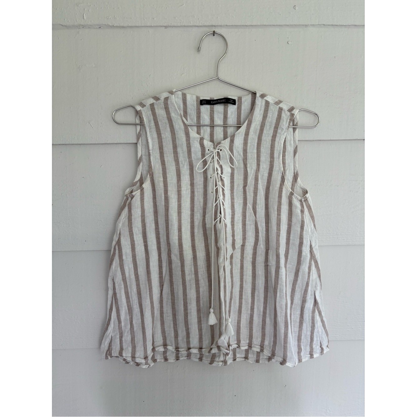Zara Striped Linen Blend Sleeveless Lace Up Top Small Boho Fisherman Basic Beach