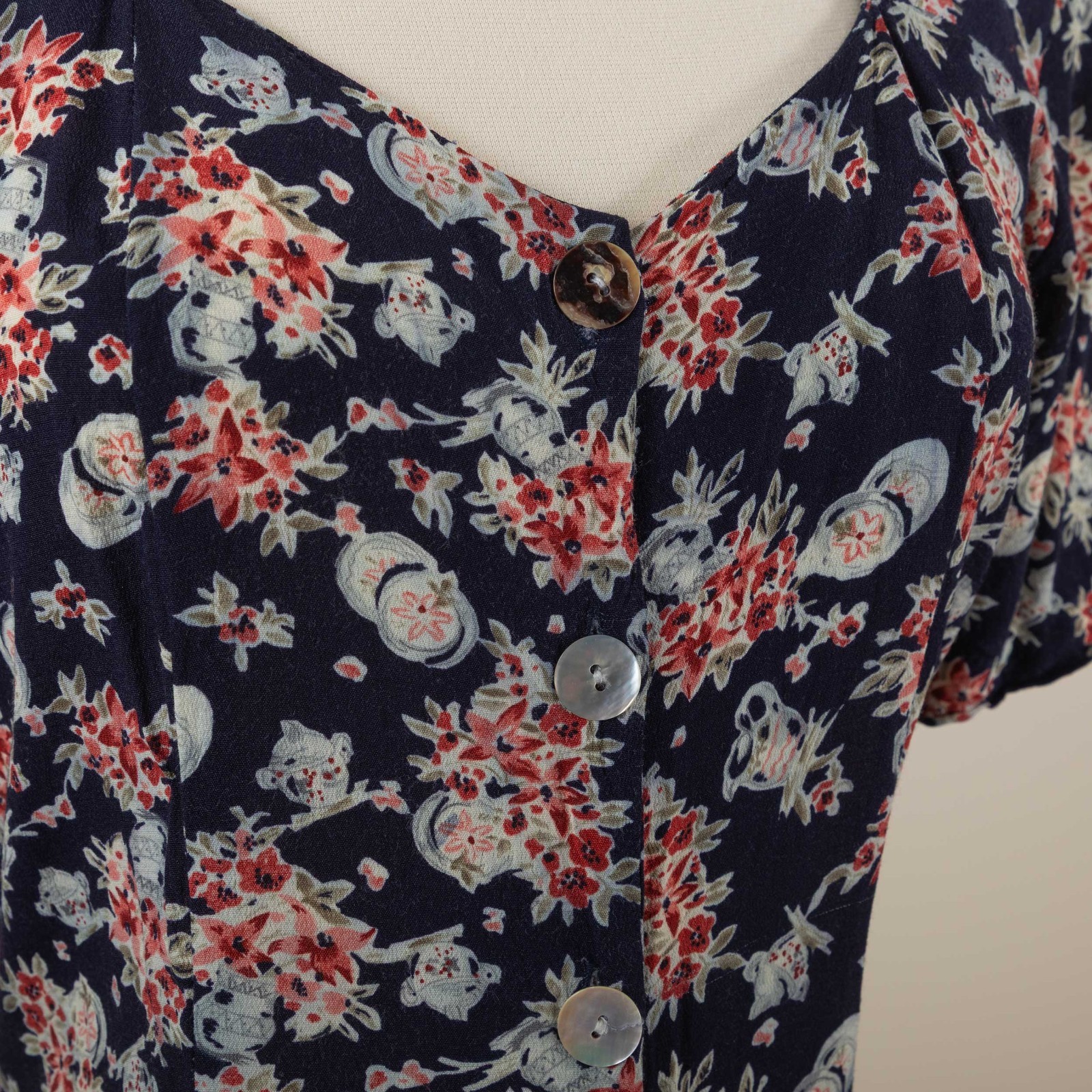 90s Vintage CDC Navy Floral Novelty Print Button Down Midi Dress Grunge 10