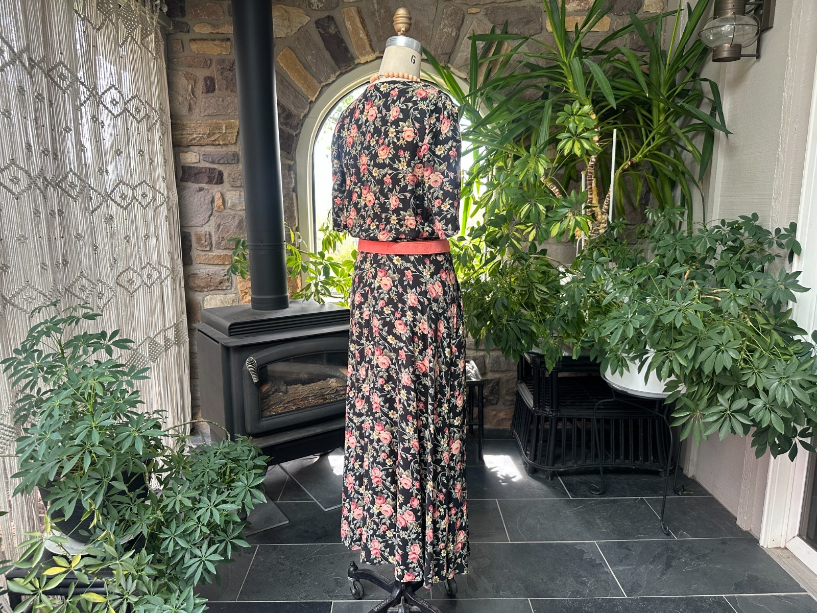 Vintage 1980s Black Pink Green Floral Rayon Dress