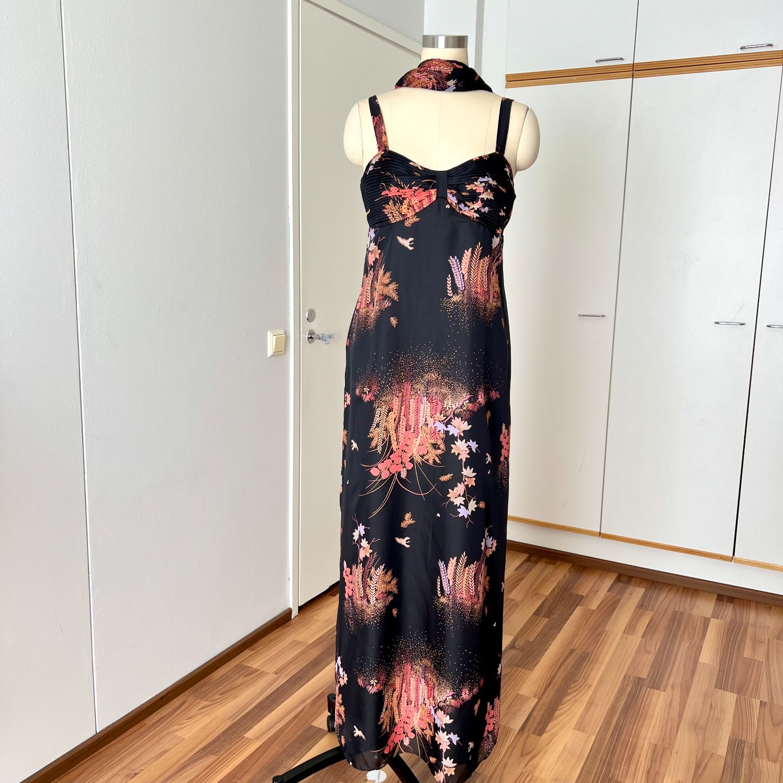 1970s Floral Maxi Dress w/ Scarf Boho Hippie Retro Aline Wedding Guest Summer 42