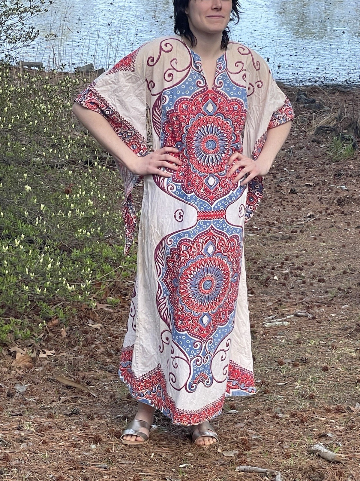 1960s Handsewn White Kaftan Mumu Flowy Sleeve Detail Hippy Mrs. Roper Cotton