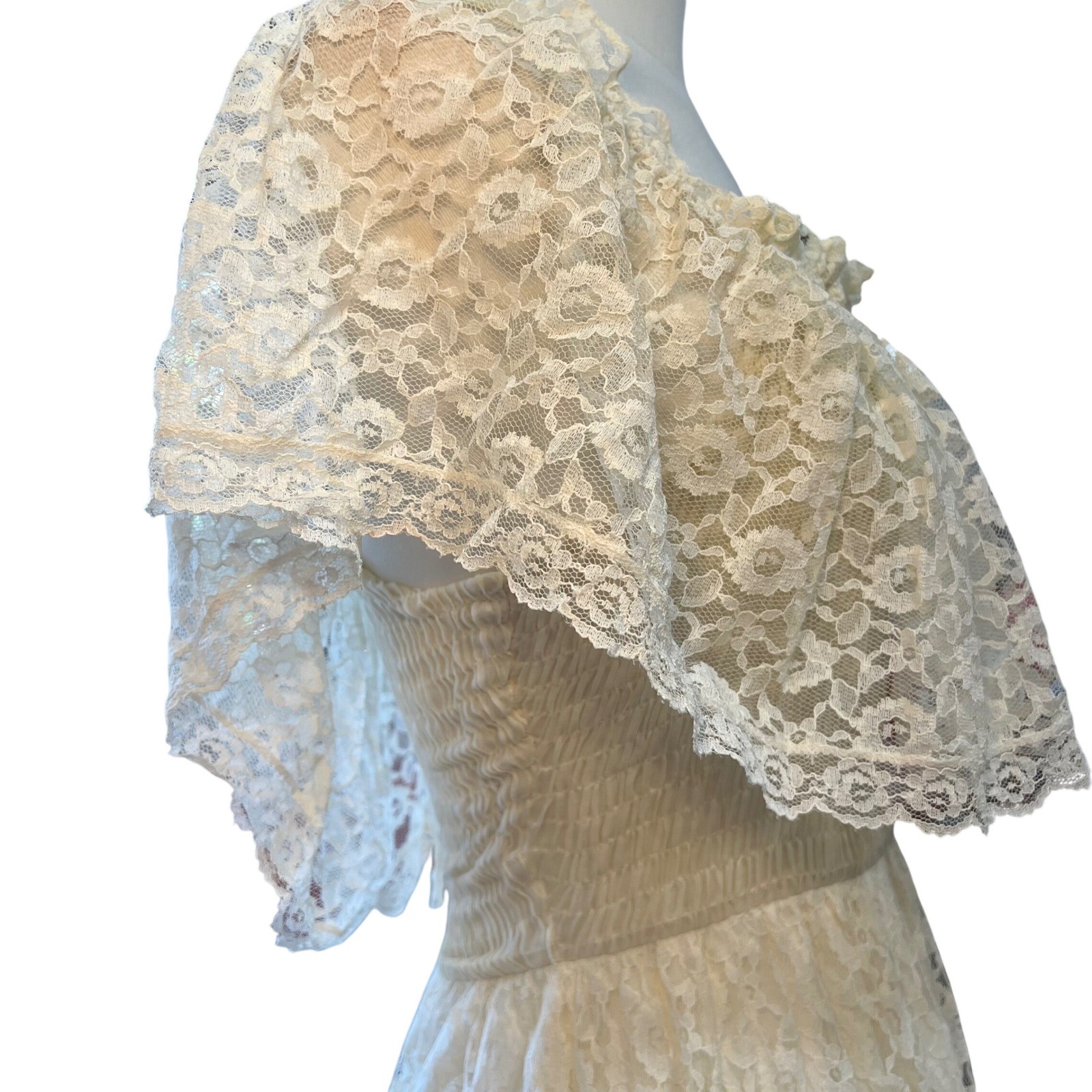 Vintage 70s Candi Jones Ivory Lace Maxi Dress Smocked Prairie Boho Wedding Small