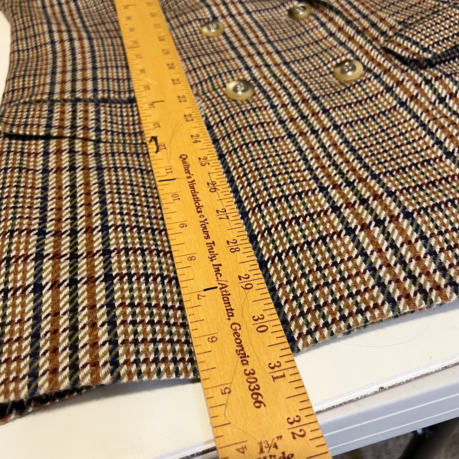 Hugo Buscati Milano Vintage Plaid Skirt Suit Brown Blue Wool Blend Size 8 USA
