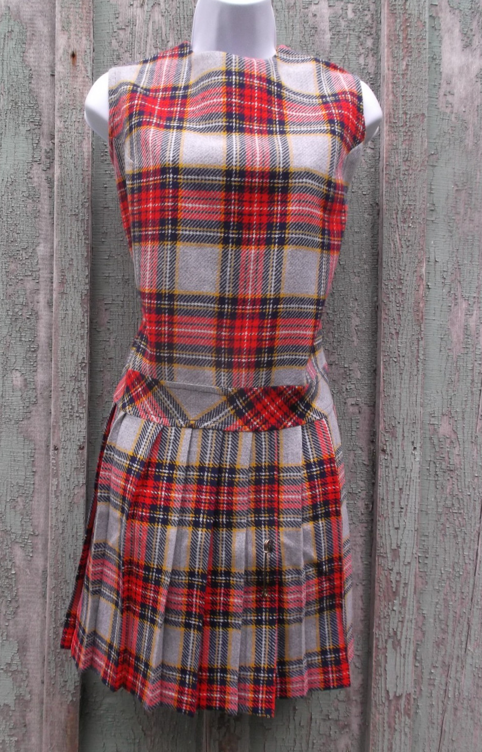 Vintage S 60s 70s Plaid Pleated Wool Jumper Dress Metal Pin MCM School Girl VFG