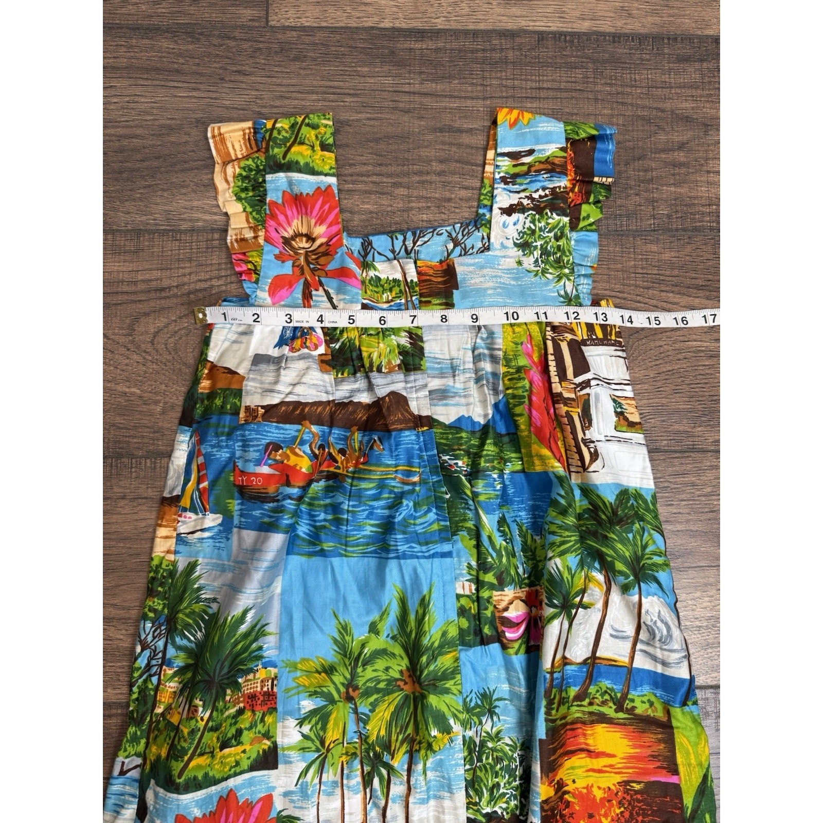 Vintage Hawaiian Floral Smocked Ruffle Hawaii Maxi Dress Polynesian Bazaar XS