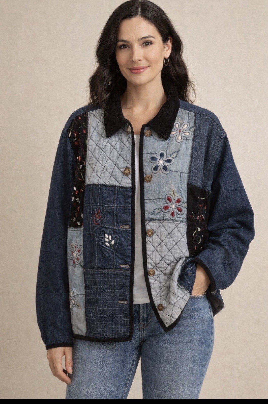 CHIC Ladies Floral Embroidered Jean Denim Blazer Jacket L (14-16)