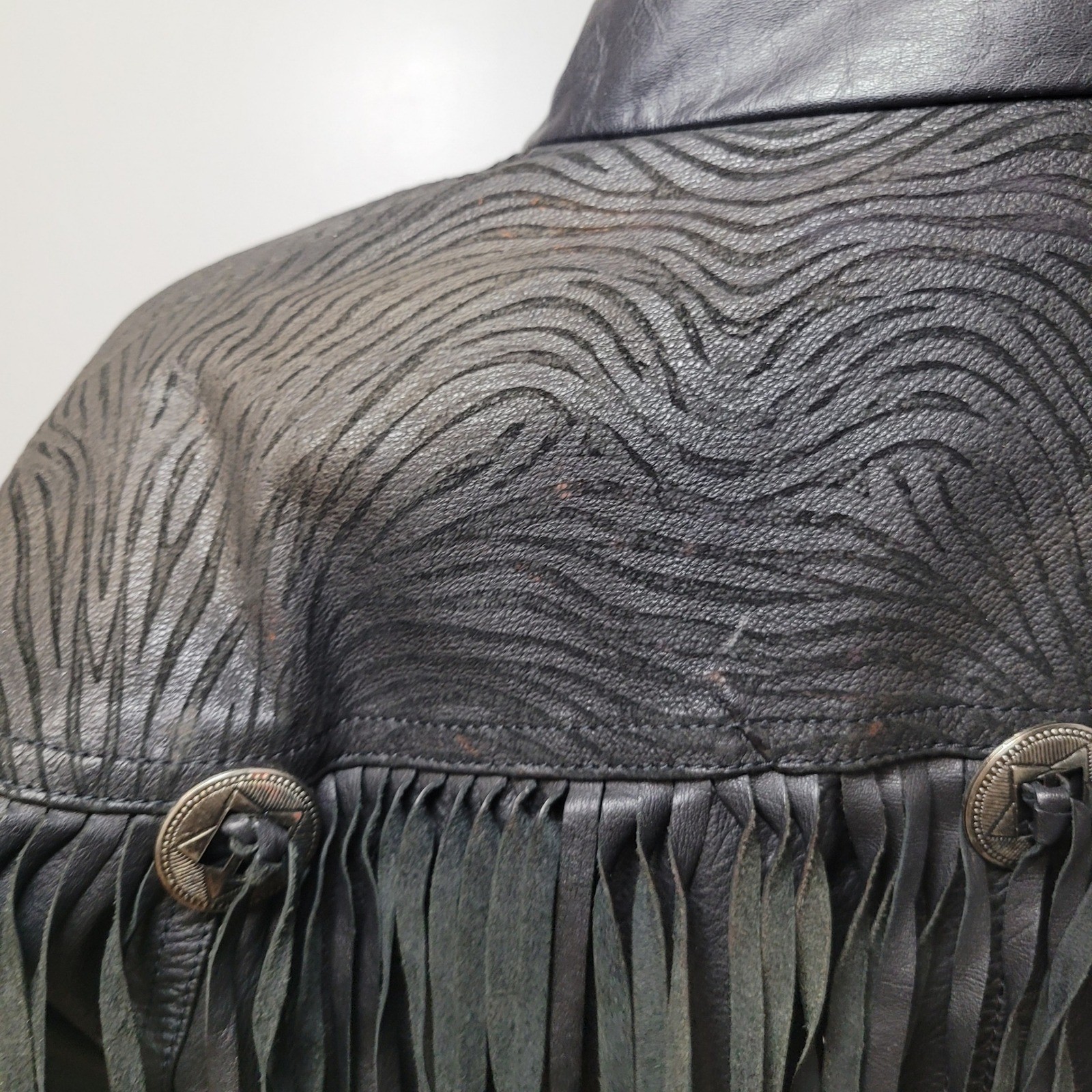 Vintage Black Leather Fringe Western Jacket Zebra Embossed Concho Cropped 90s