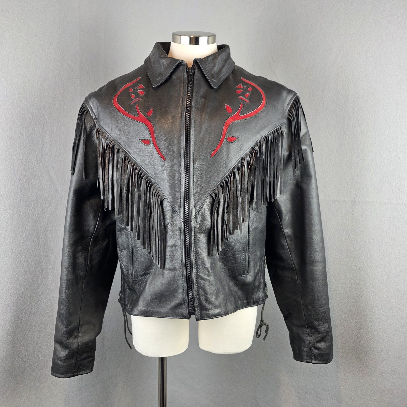 Vintage 1980’s Route 66 Leather Jacket Womens Sz 16 Red Roses Black Fringe Biker