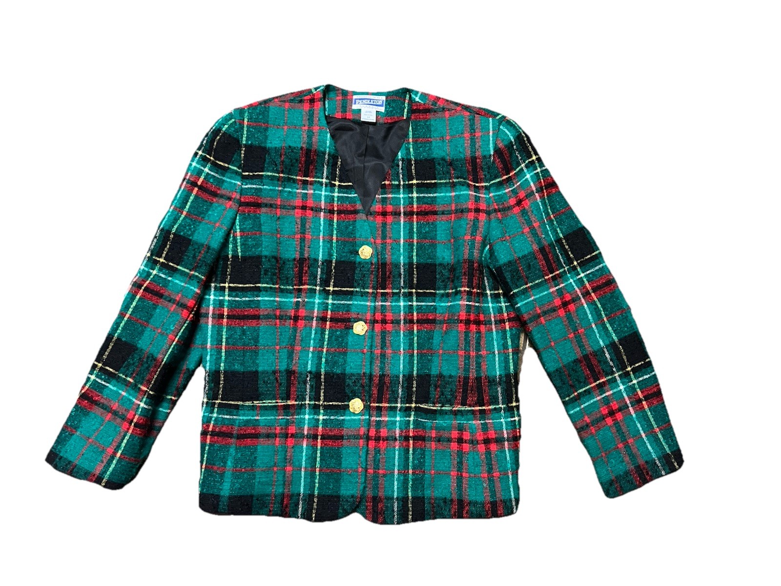 VINTAGE PENDLETON GREEN MULTI TARTAN PLAID 3 BUTTON 100% WOOL BLAZER SZ 14 USA