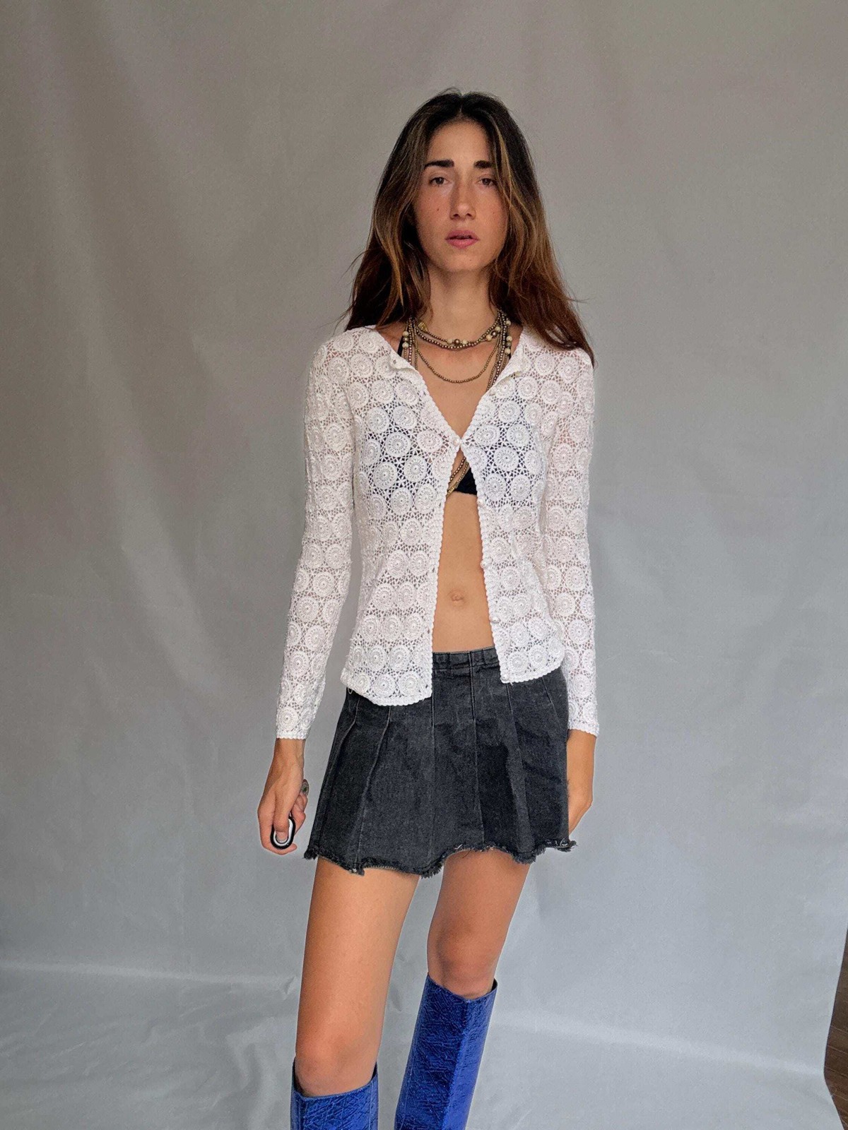 Vintage white crochet top, cottagecore Roonsy Mara cue, US M, casual bohemian ch
