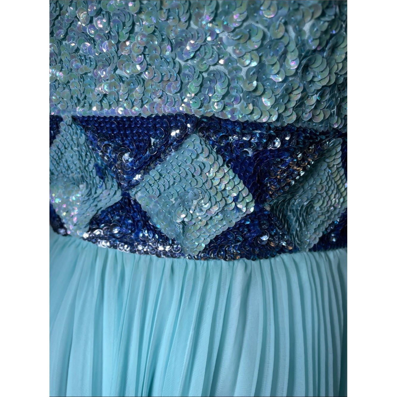 EUC Vintage 60s 70s Mike Benet Aqua Sequin Chiffon Sleeveless Maxi Dress Size 00