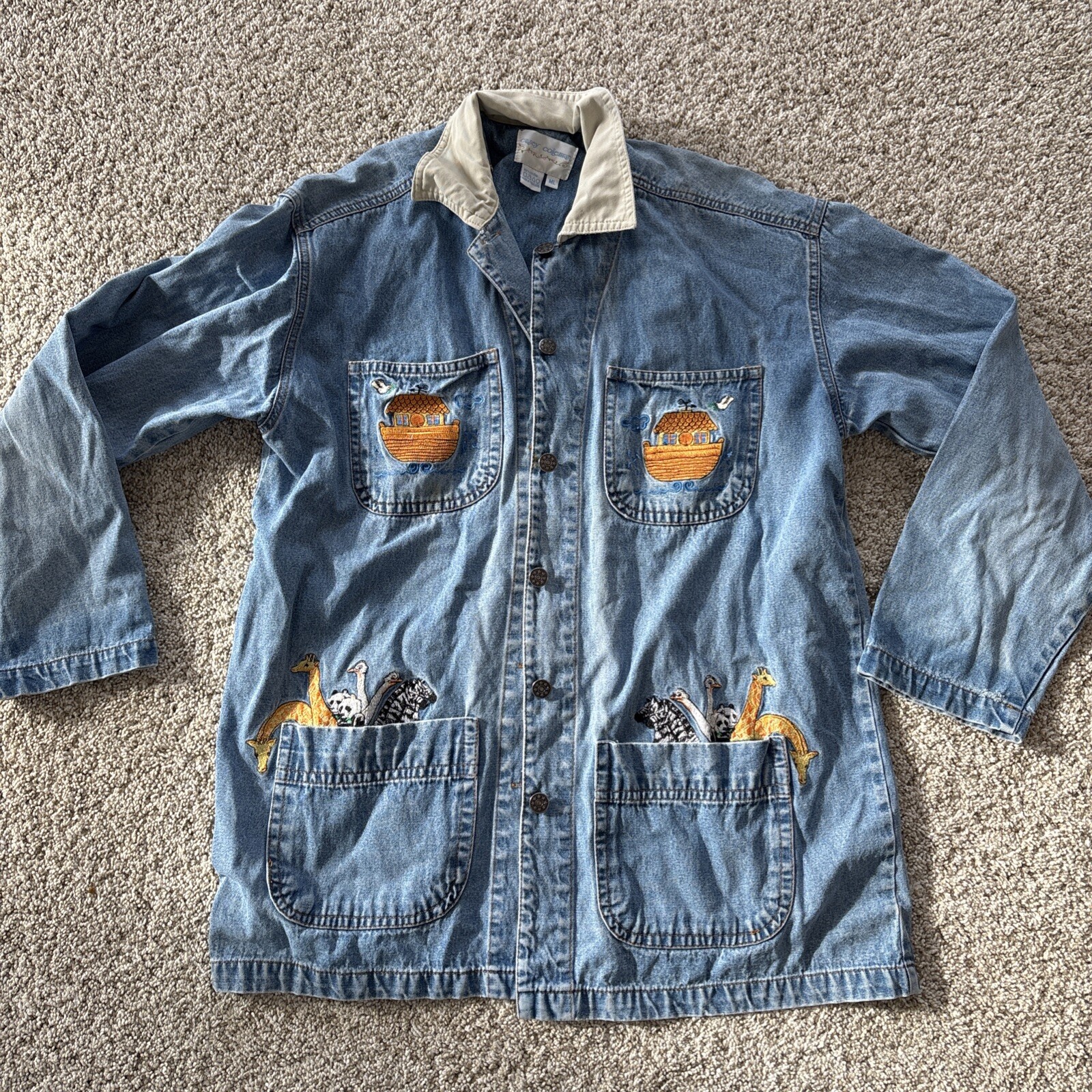 Vintage 1990s Casey Coleman Denim Boxy Granny Teacher Ark Bible Story Jacket ML