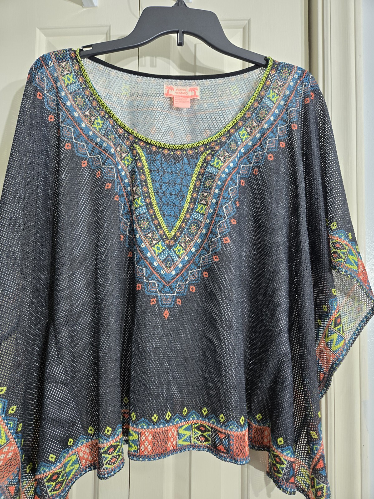 VTG 70s Indian Pattern Kaftan Sheer Gauze Boho Hippie Top Size Small SNAGS