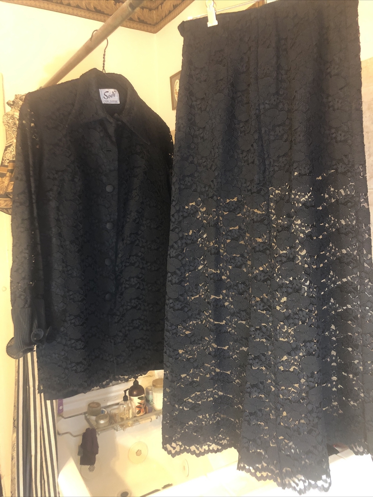 Vtg SO’DI Miami 1970’s Style Maxi Dress Two Pc Black Lace -Top & Skirt Size 6-8