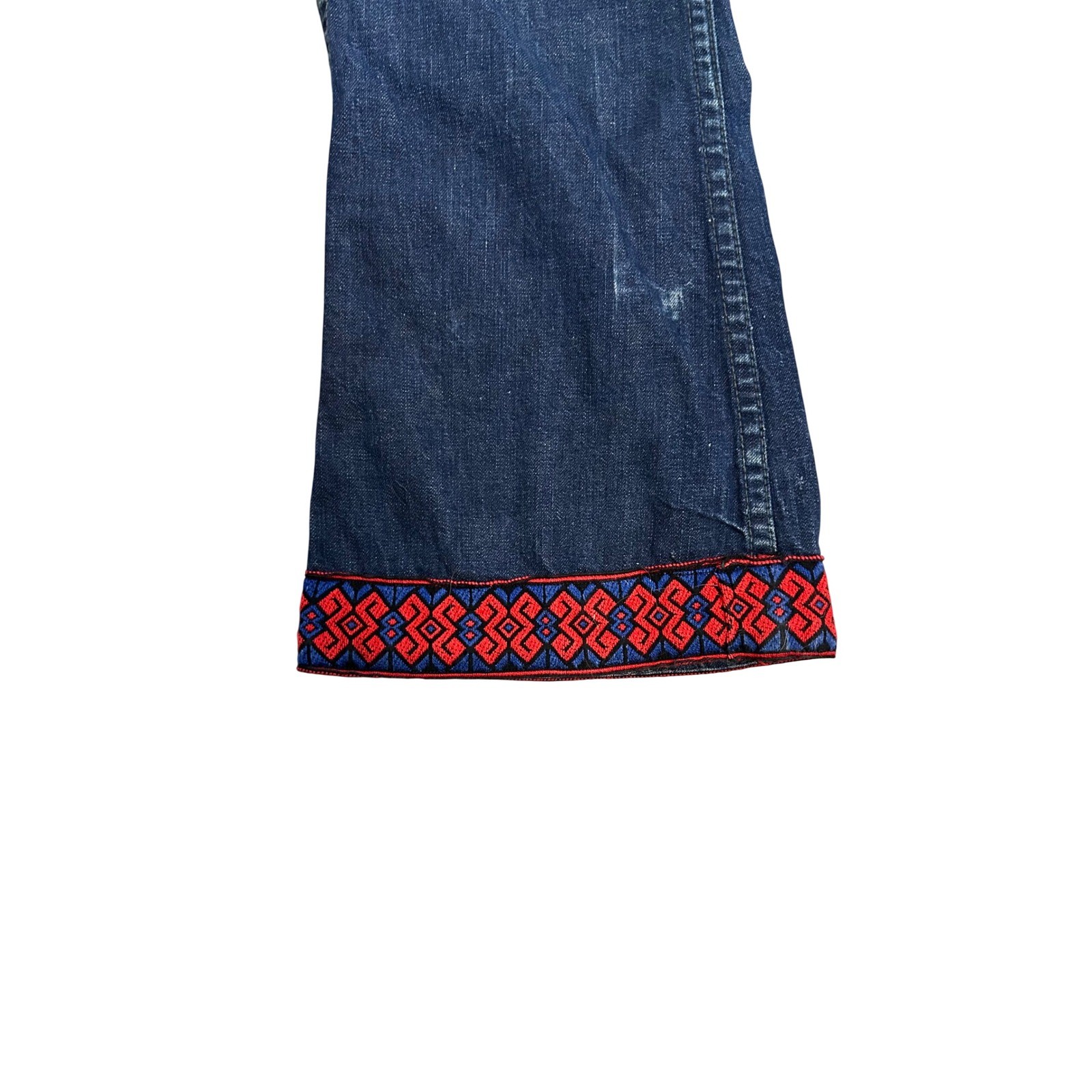 Vintage Landlubber Blue Flare Jeans Embroidered Patch 30×30.5 Hippie 1970s Boho