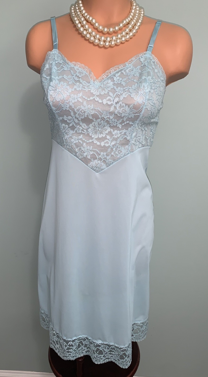 Vintage VANITY FAIR Full Dress SLIP Lace NYLON Blue Cami Vest Top ~xs/s 32-34
